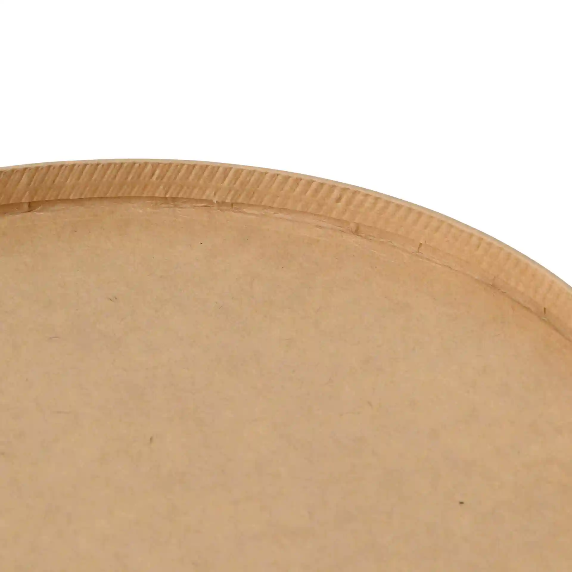 Close-up of the edge of a round brown cardboard bowl with a smooth surface and a visible seam.