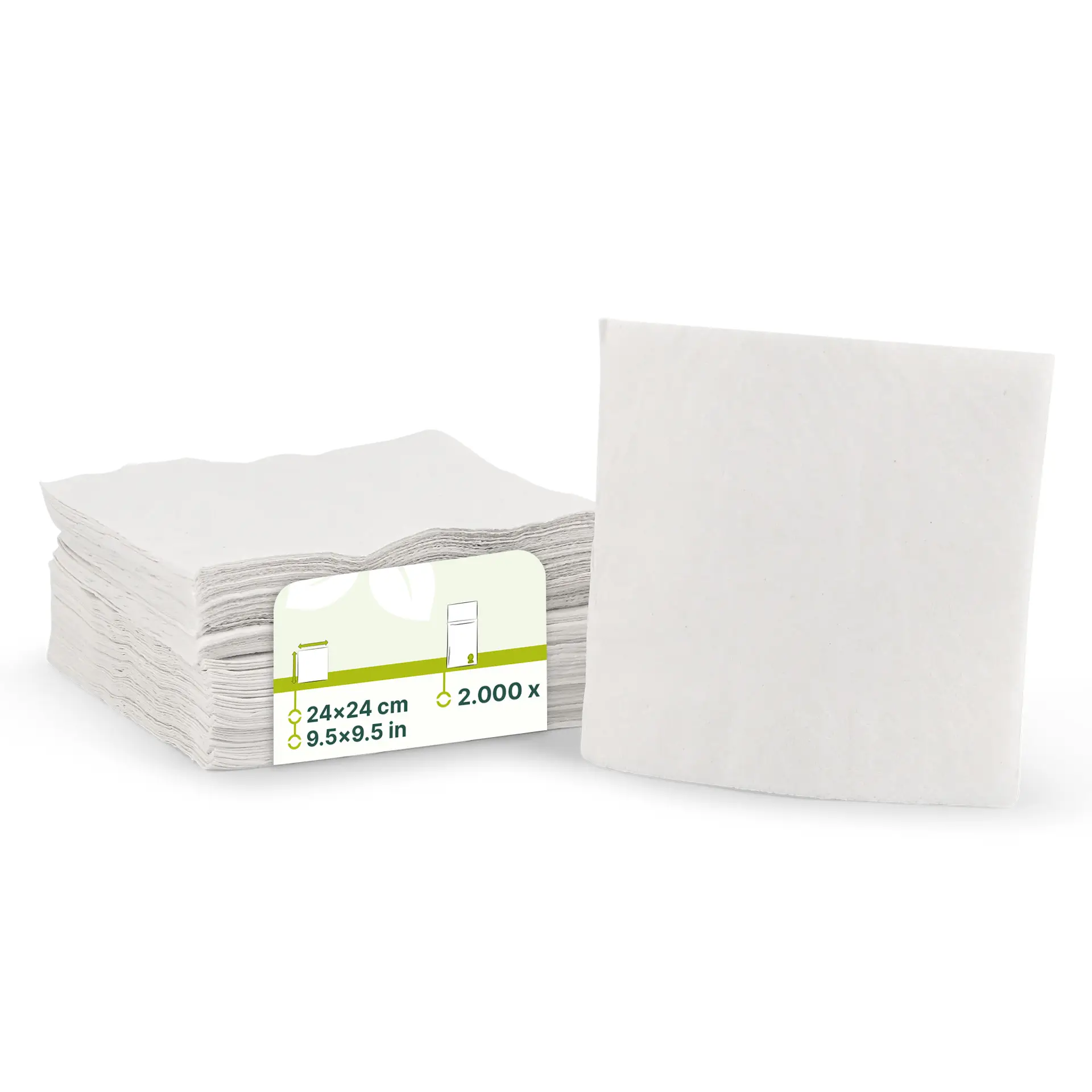 Stack of white 2-ply cocktail napkins, 24 x 24 cm, with a label showing product details and a symbol indicating recycled material.