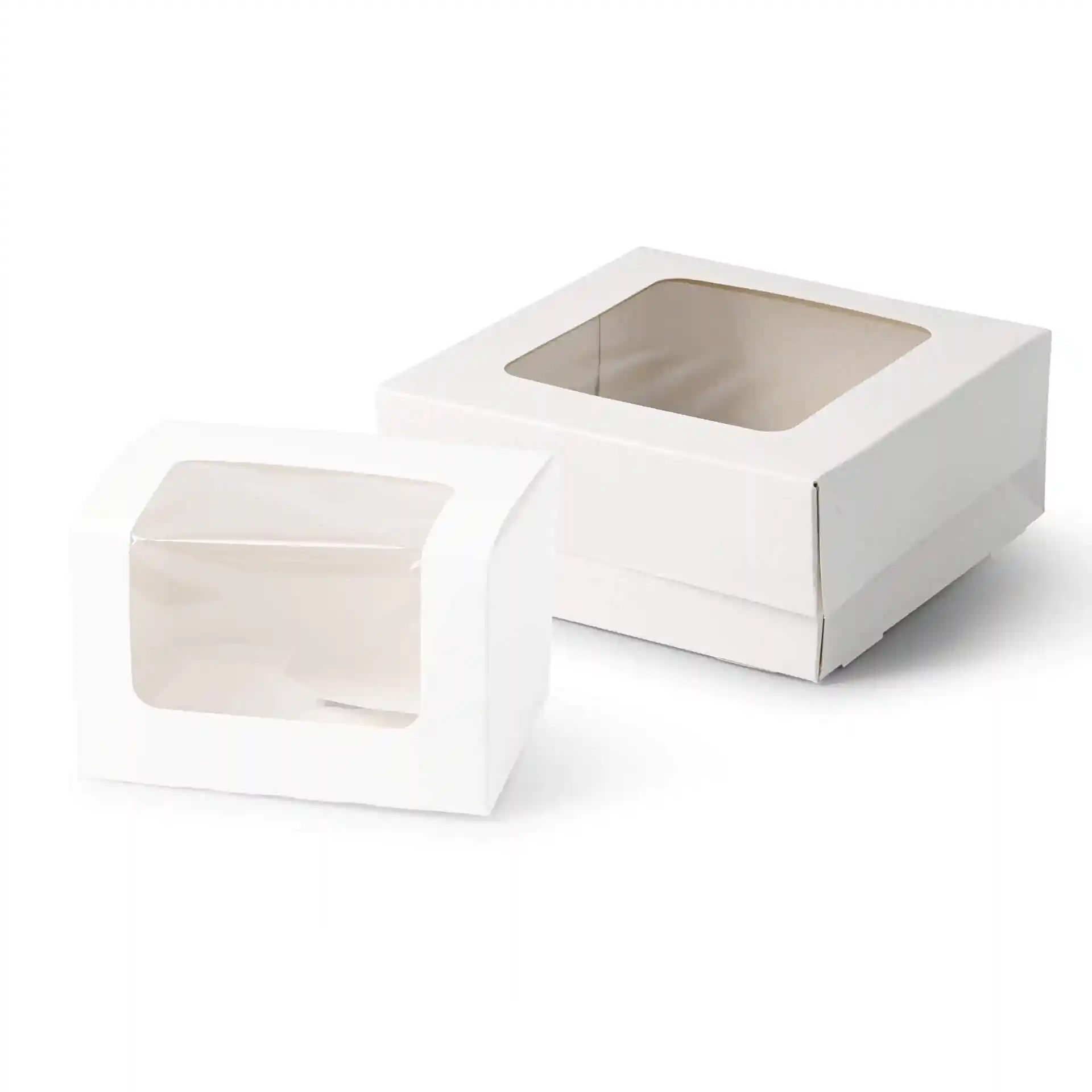 White cardboard pastry boxes with a cellulose window, one square box and one smaller rectangular box.
