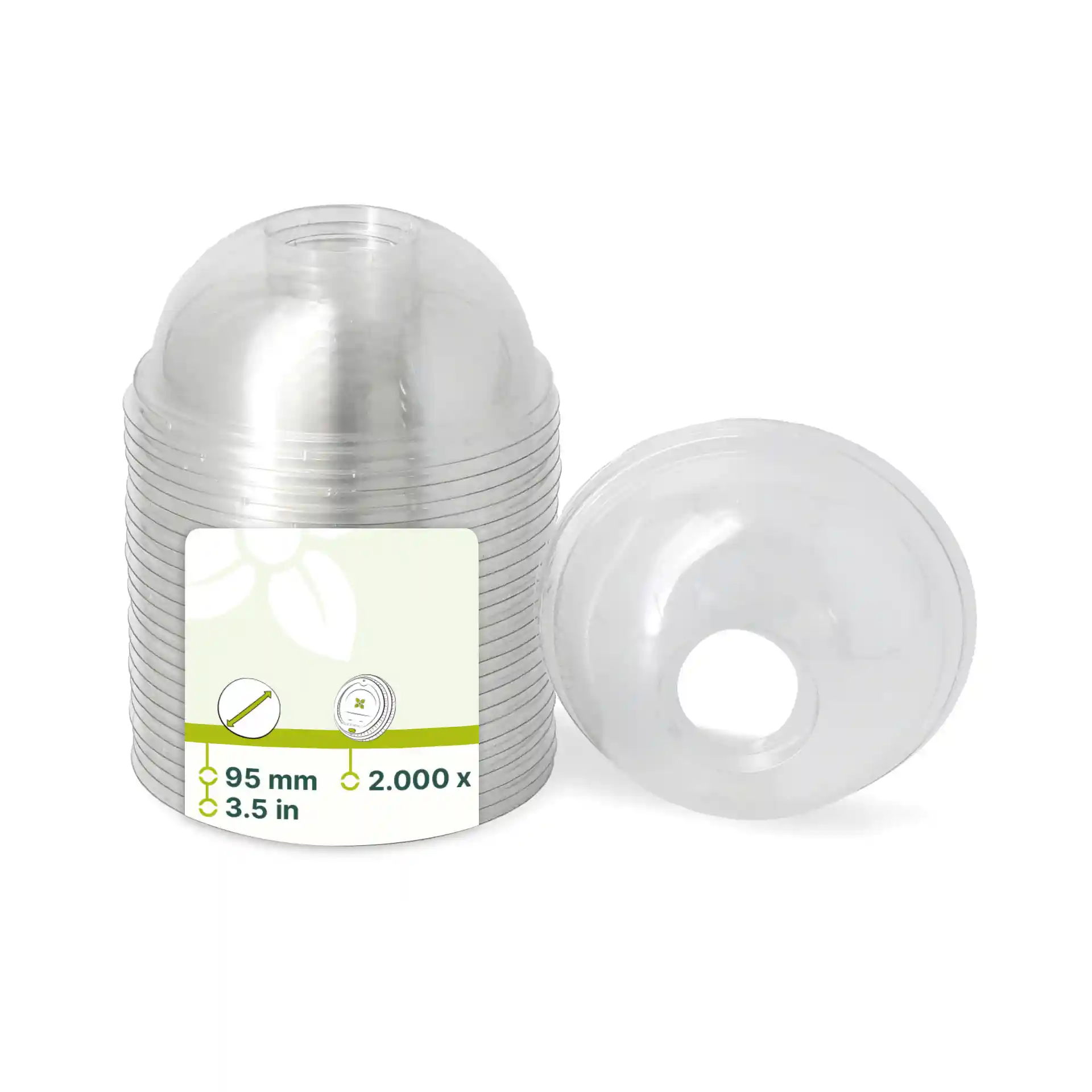 Transparent rPET dome lids with a straw hole, diameter 95 mm, stacked with one lid beside the stack.