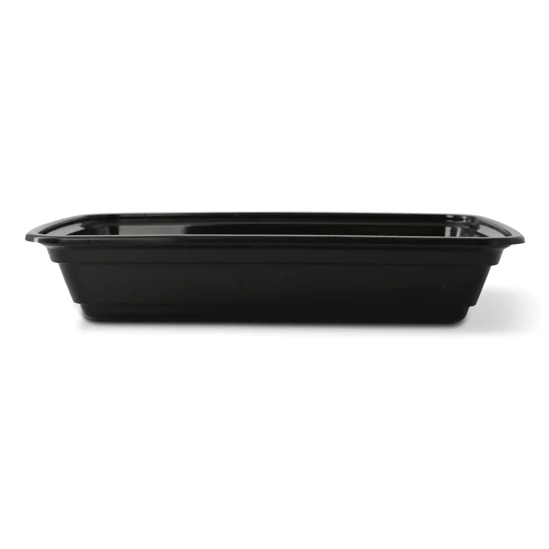 Black rectangular reusable container made of polypropylene, measuring 185 mm long, 125 mm wide, and 34 mm high.
