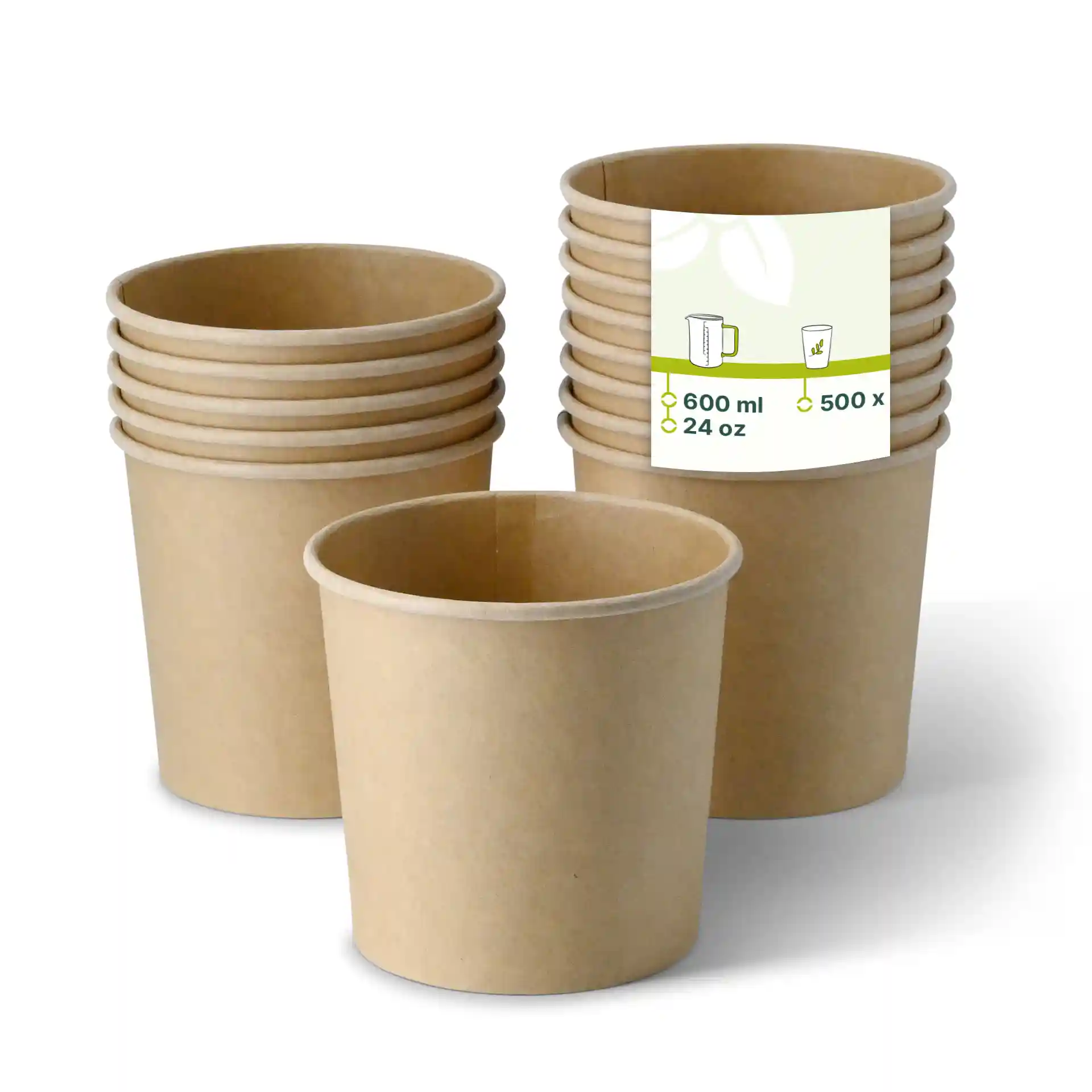 Brown cardboard soup cups stacked, with one cup in front displaying a label with volume and dimensions.