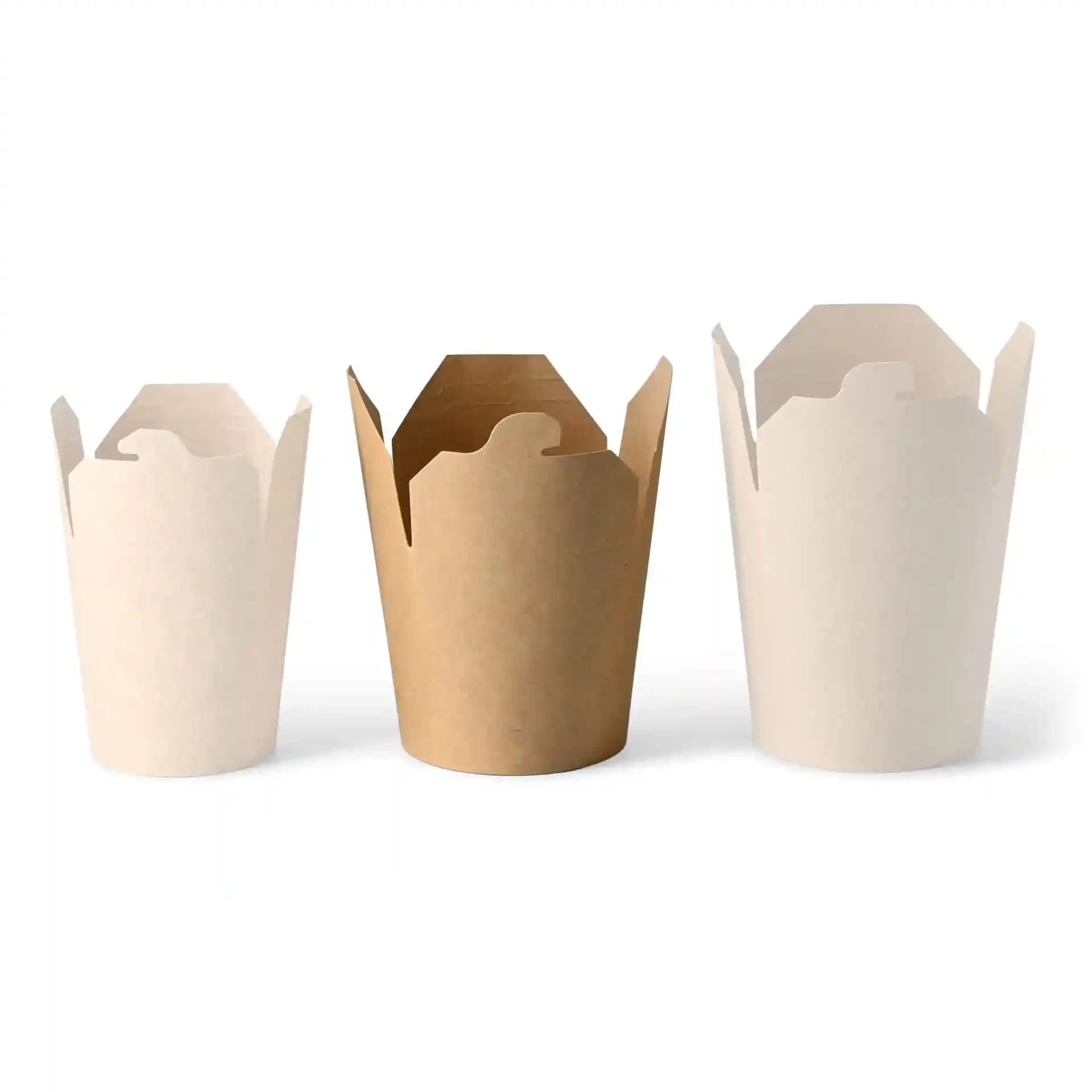Three noodle boxes in brown and white cardboard, featuring a flared top and no viewing window.