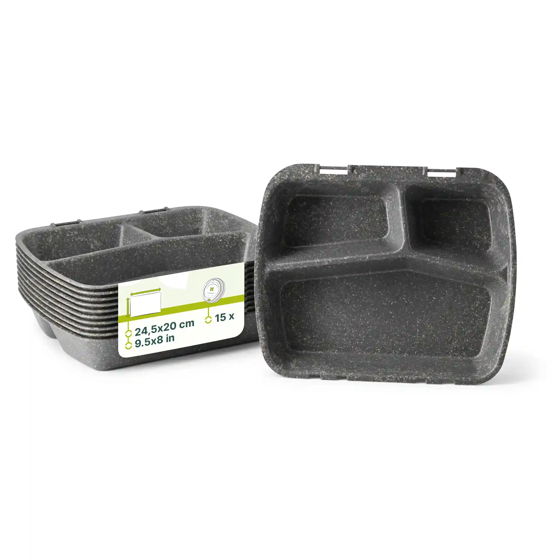 Reusable meal container with three compartments, grey color, dimensions 24.5 x 20 x 4.5 cm.