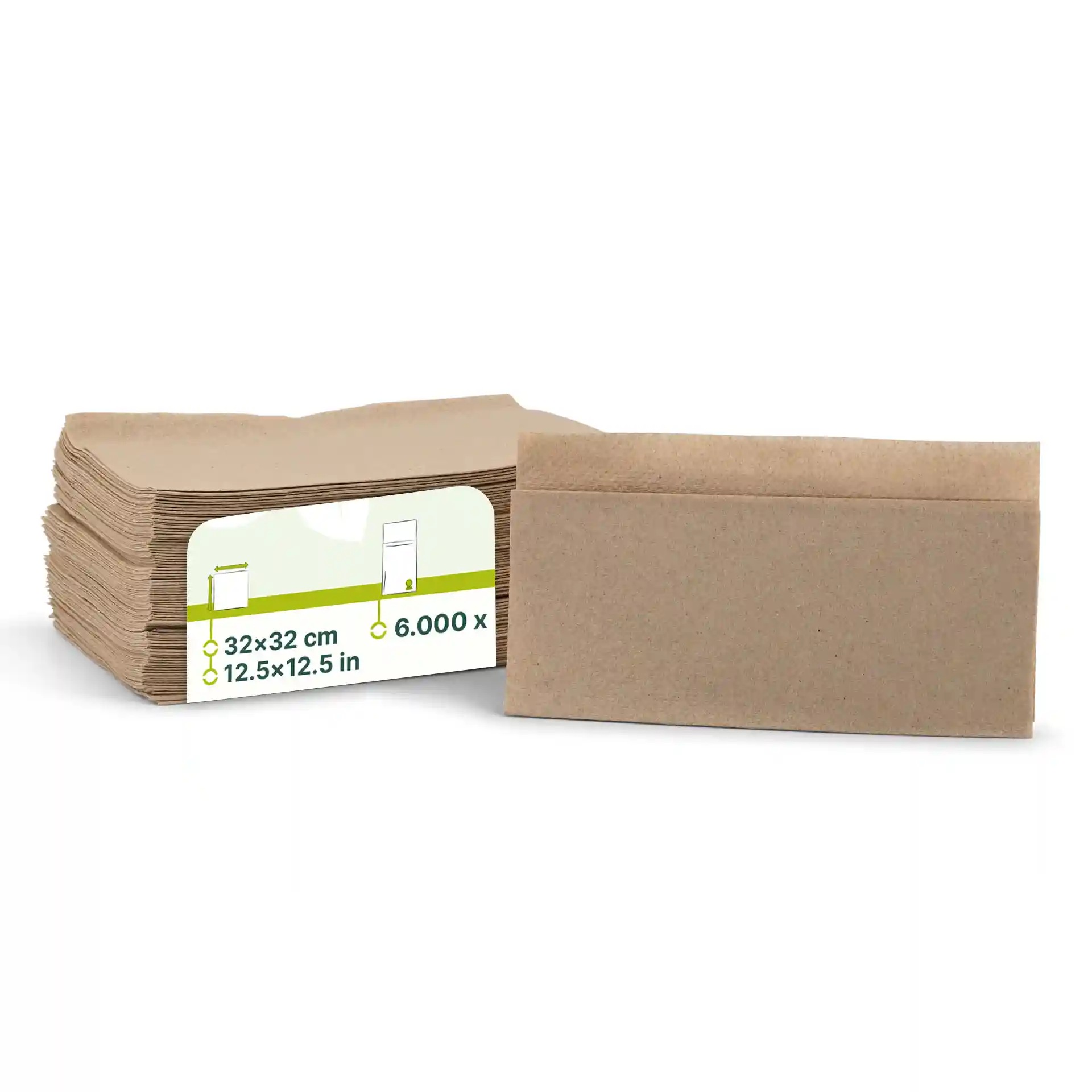 Stack of unbleached paper napkins, 32 x 32 cm, with a label showing product details and a recycling symbol.