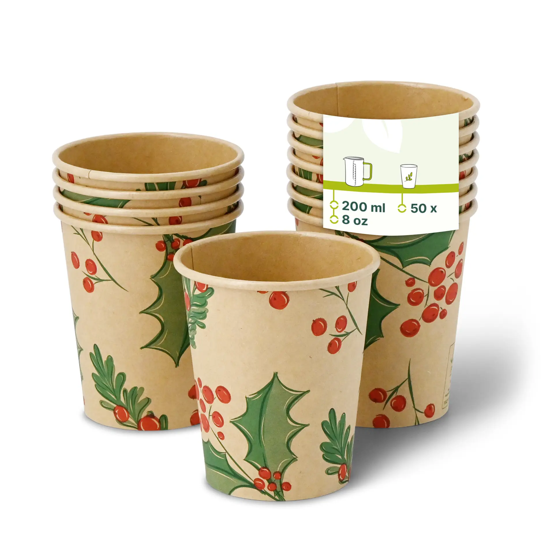 Stack of eight unbleached paper cups with a winter design featuring holly and berries, each 200 ml in volume.