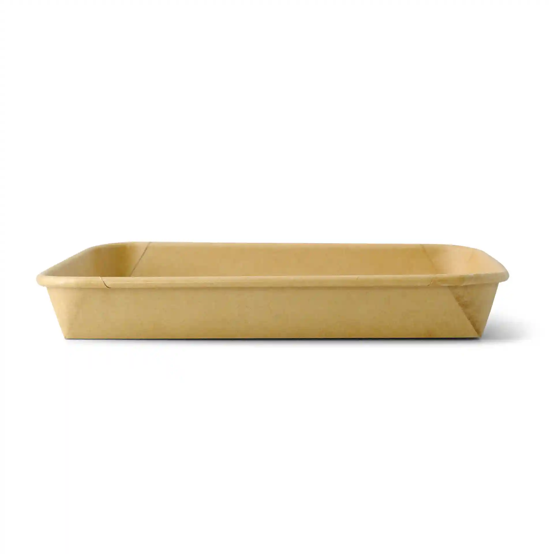 Brown sushi box with a rectangular shape, measuring 18.5 x 13 x 2.5 cm, with rounded edges.