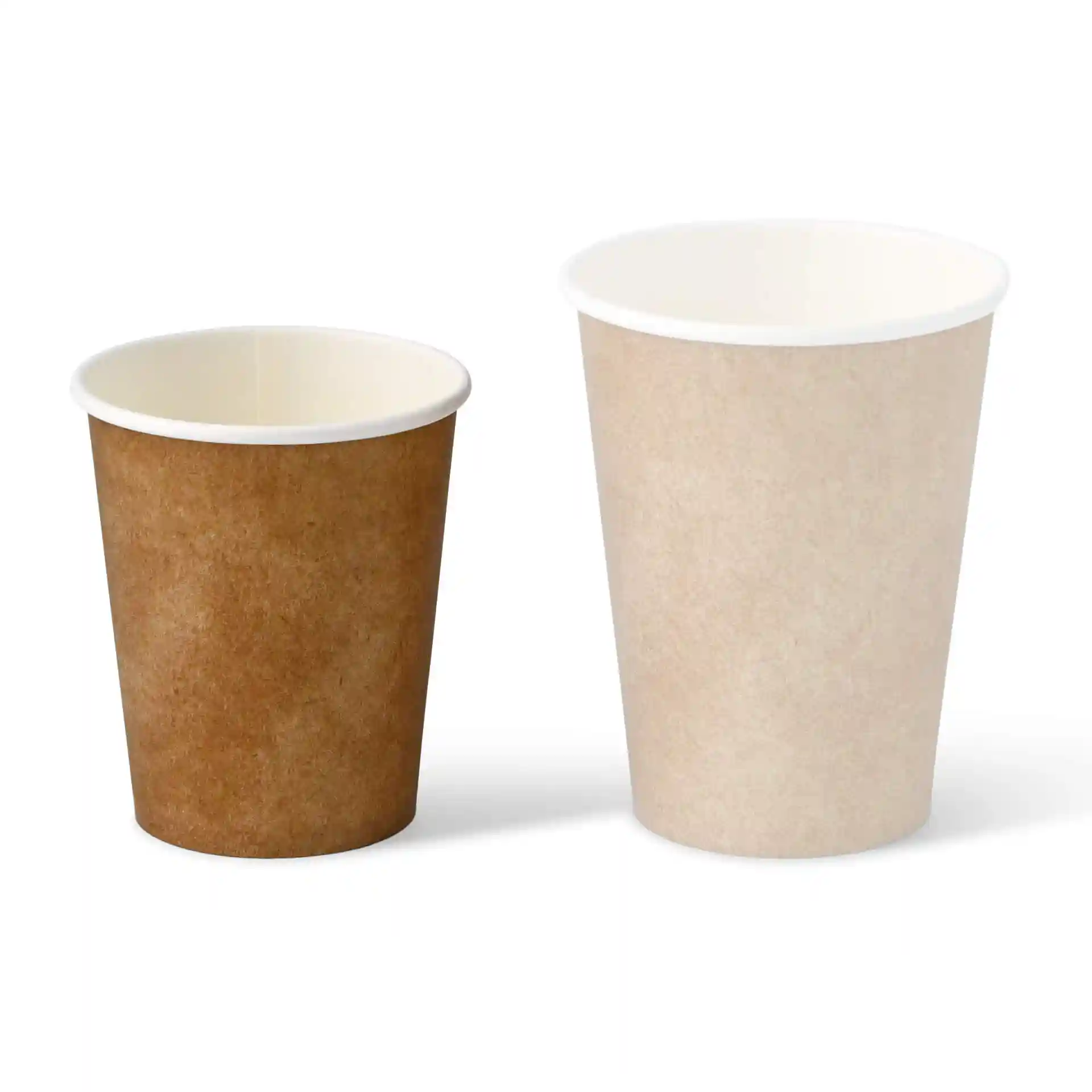 Image of two paper cups: one brown and one beige, both with white interiors, displayed side by side.