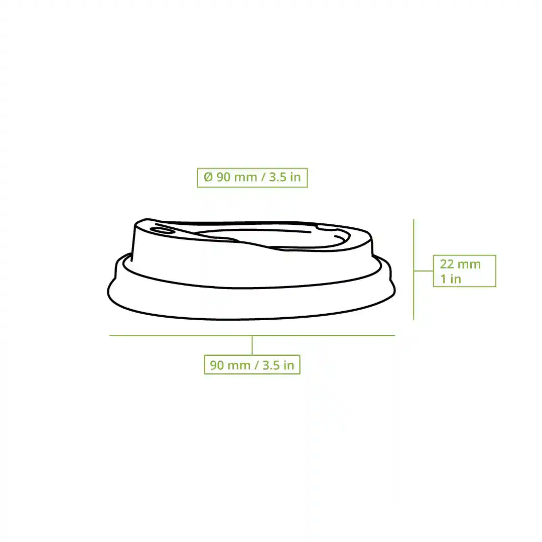 Schematic drawing of a white sugarcane lid for paper cups, with dimensions 90 mm diameter and 22 mm height.