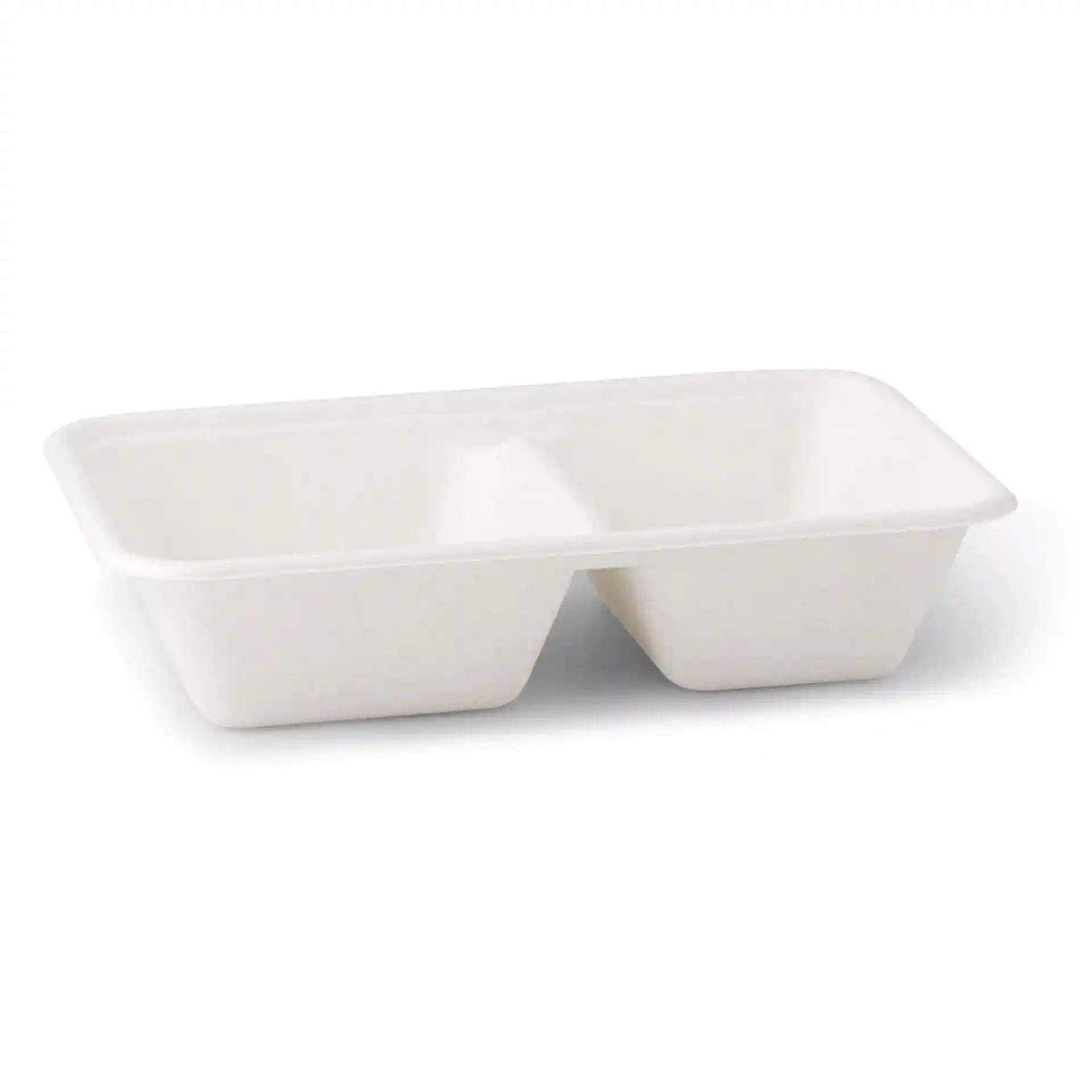 White rectangular sugarcane tray with two compartments, measuring 23 x 14.5 x 5 cm.