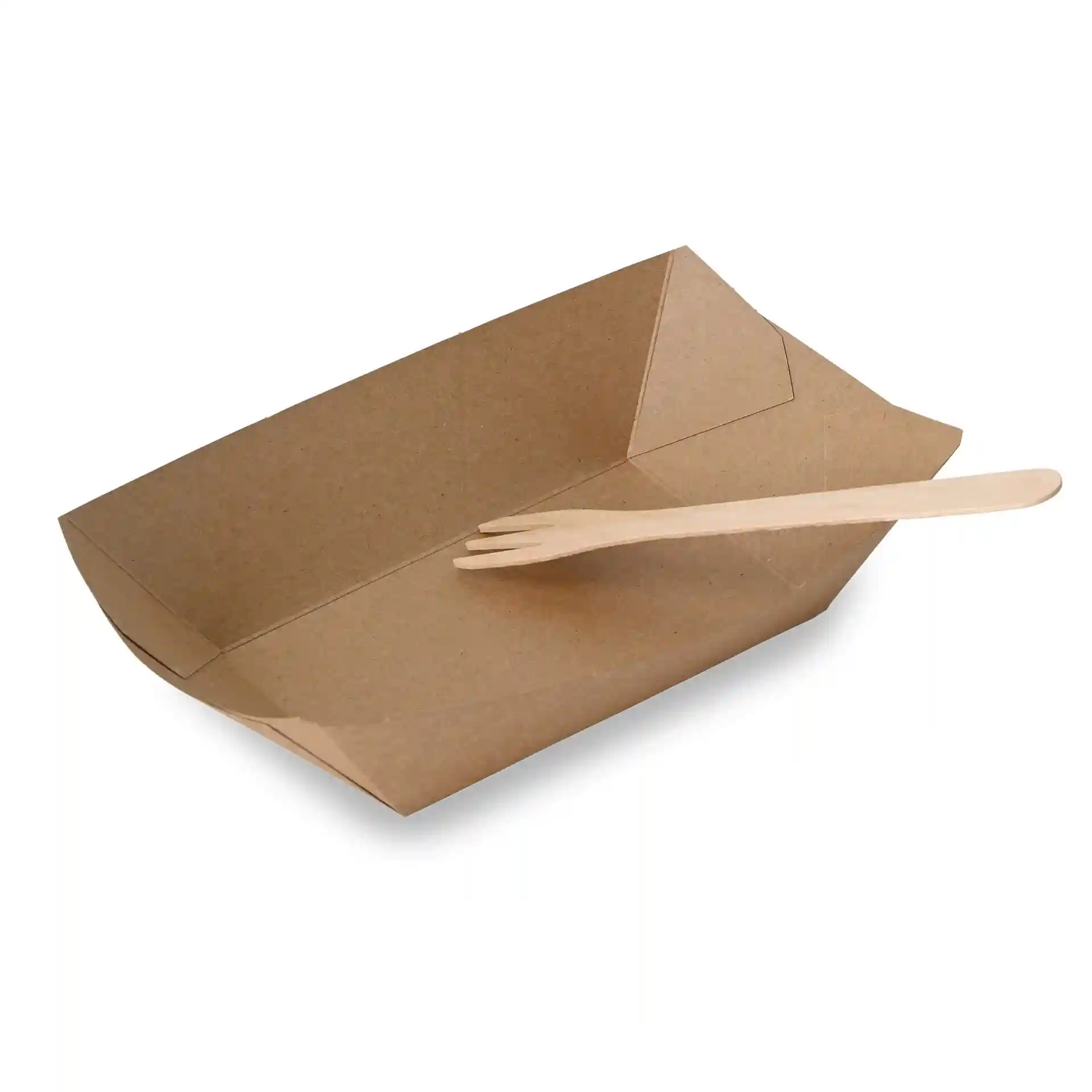 Brown rectangular cardboard food tray with a wooden fork placed inside.