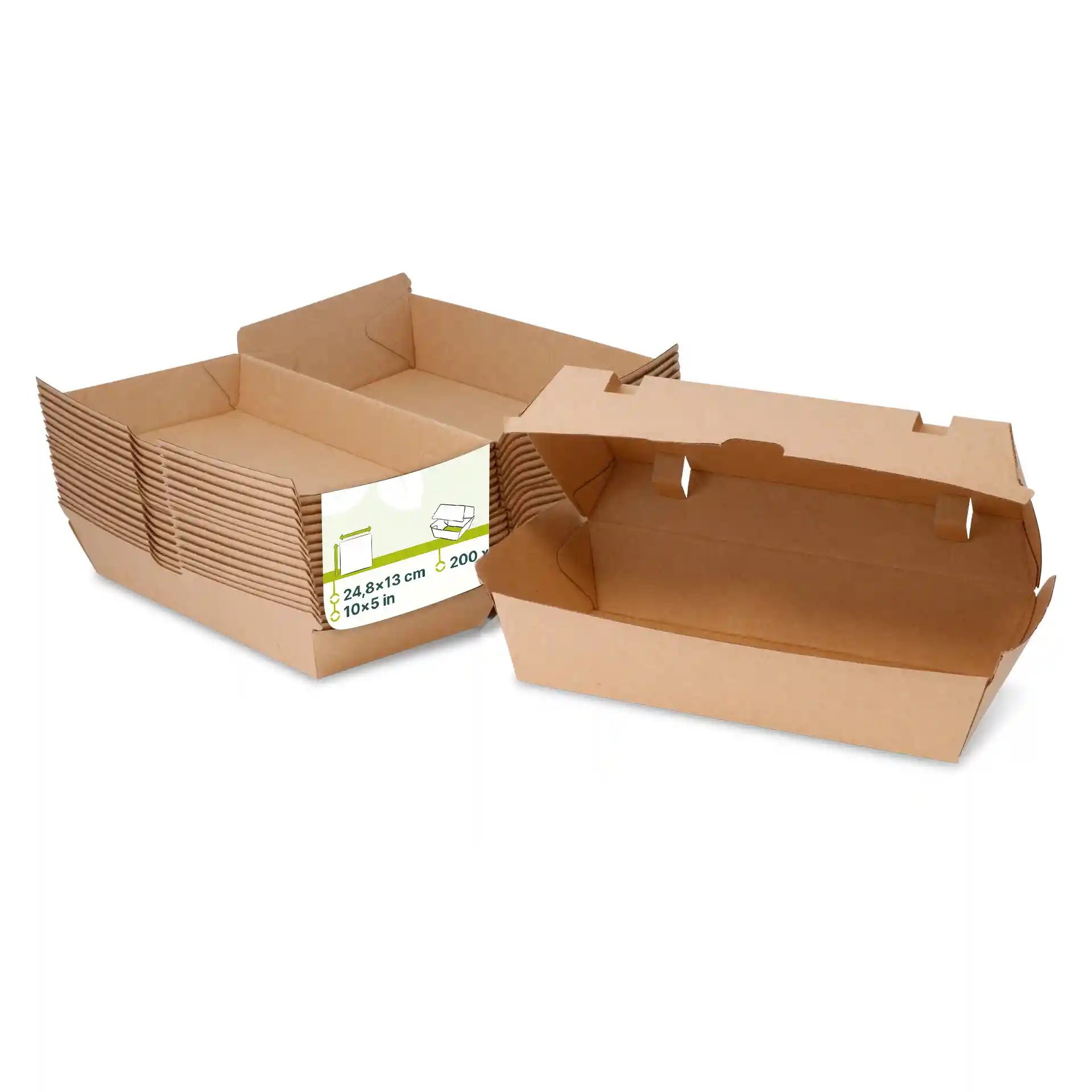 Brown cardboard food boxes with hinged lids, one open and several stacked behind.