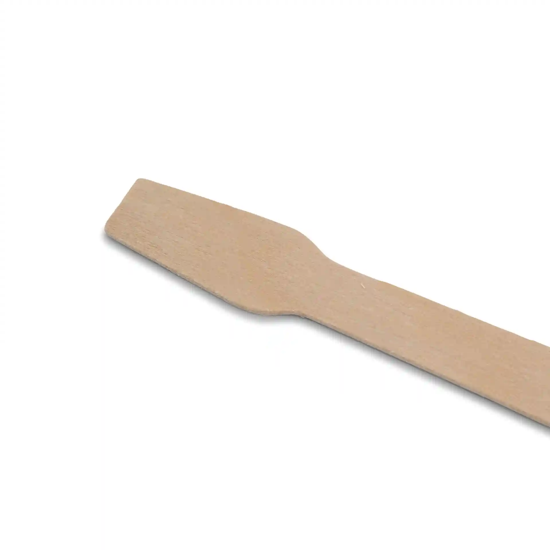 Wooden ice cream spoon, 9.6 cm long, with a flat end and a brown wood finish.