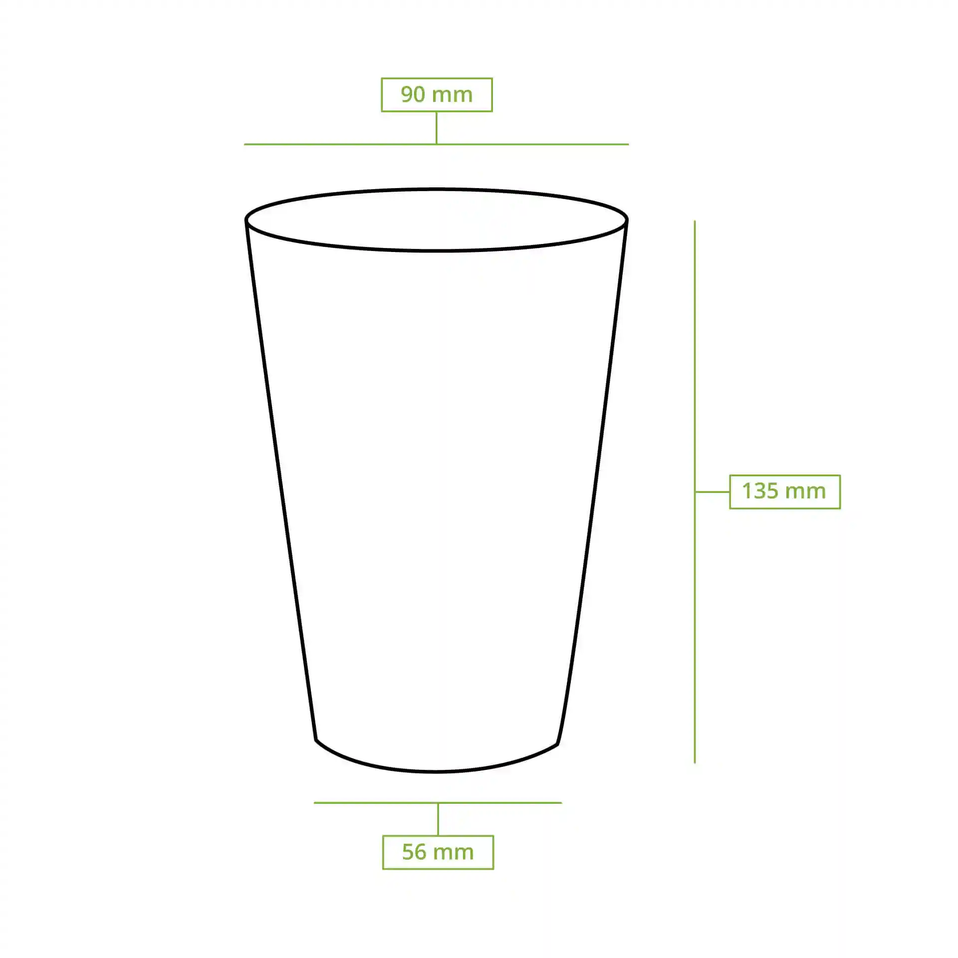Schematic drawing of a round paper cup with dimensions: height 138 mm, top diameter 90 mm, bottom diameter 60 mm.