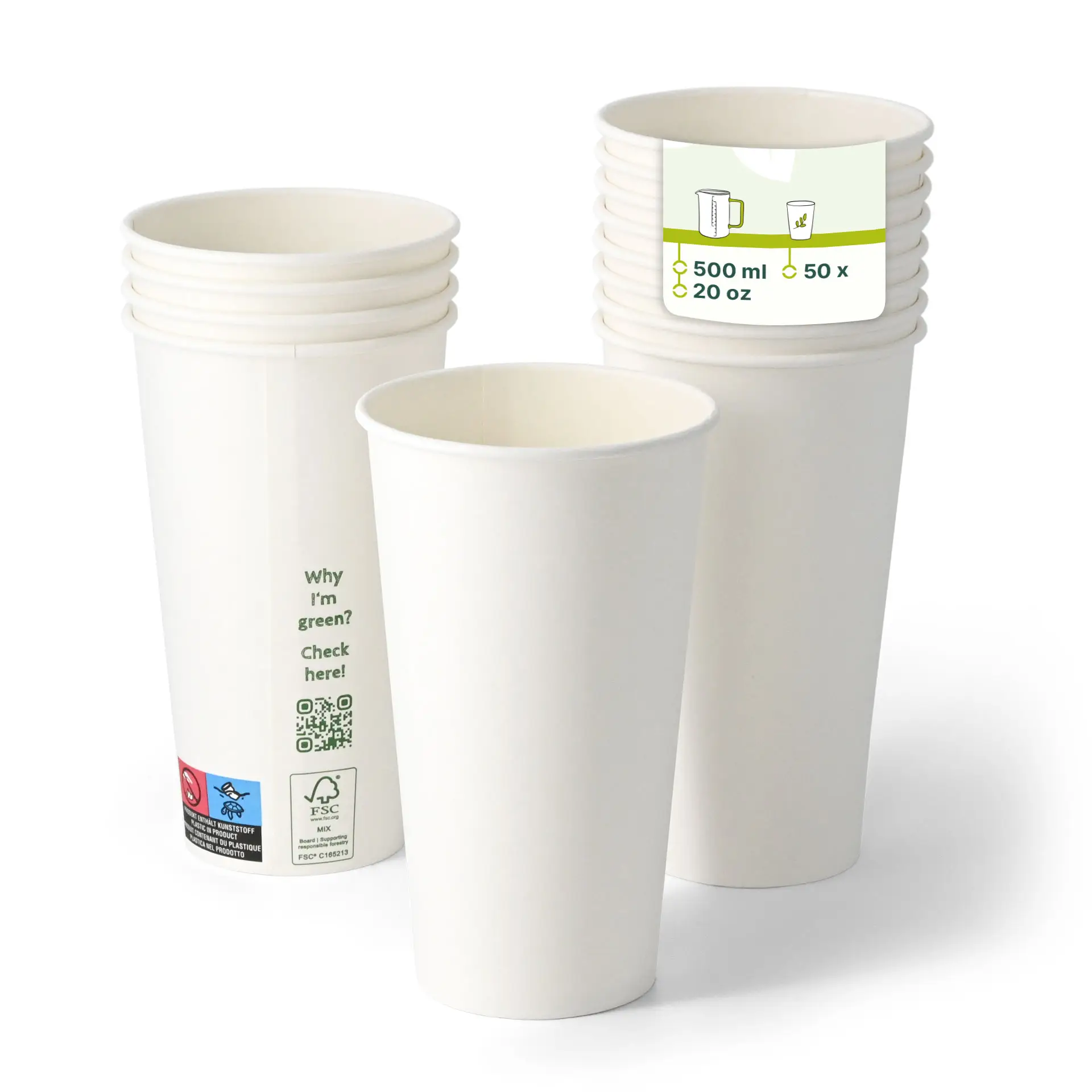 Single-wall white paper cups with PLA coating, suitable for hot and cold drinks, stackable with a capacity of 500 ml.