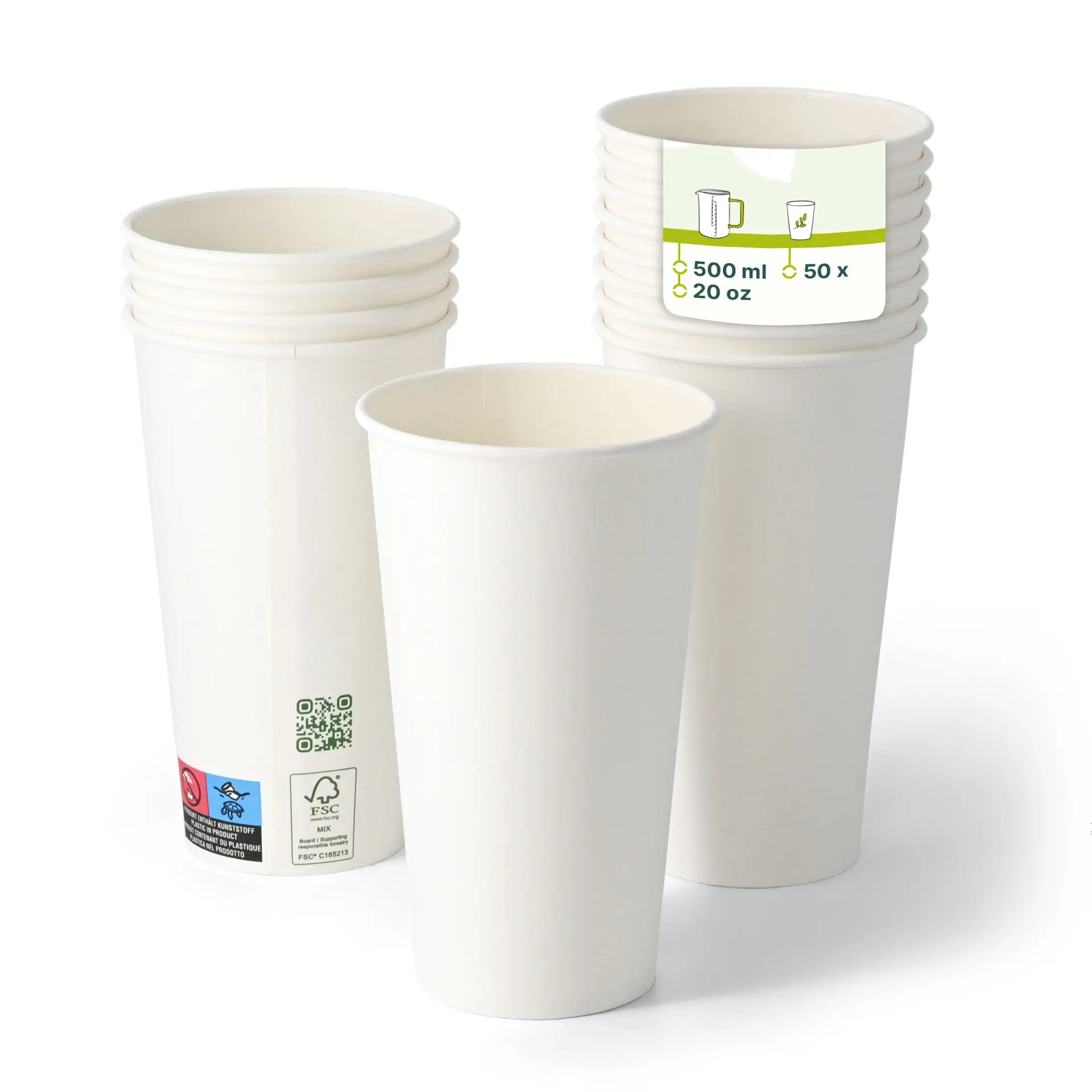 Single-wall white paper cups with PLA coating, suitable for hot and cold drinks, stackable with a capacity of 500 ml.