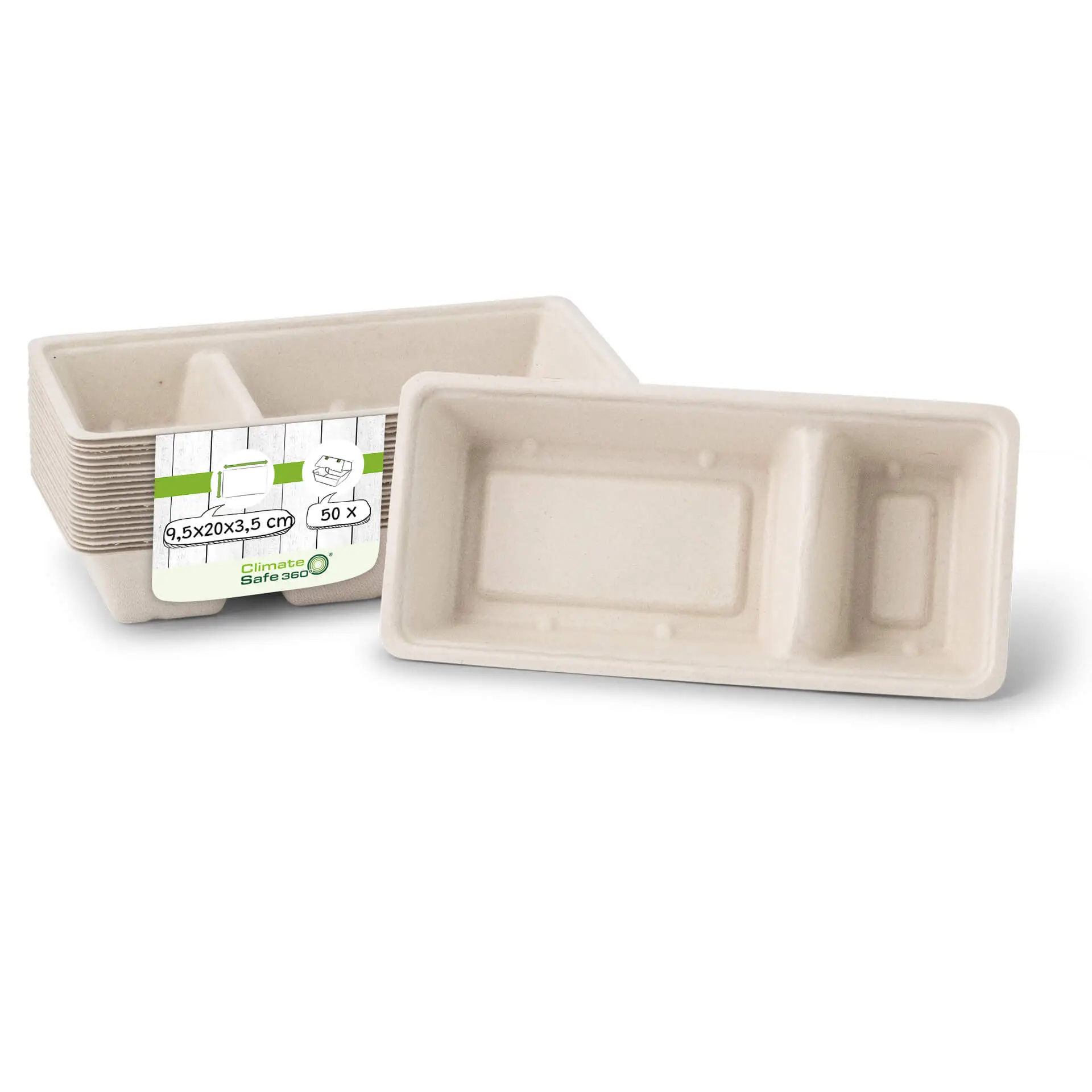 Sugarcane chip tray, 2 compartments, 9.5 x 20 x 3.5 cm