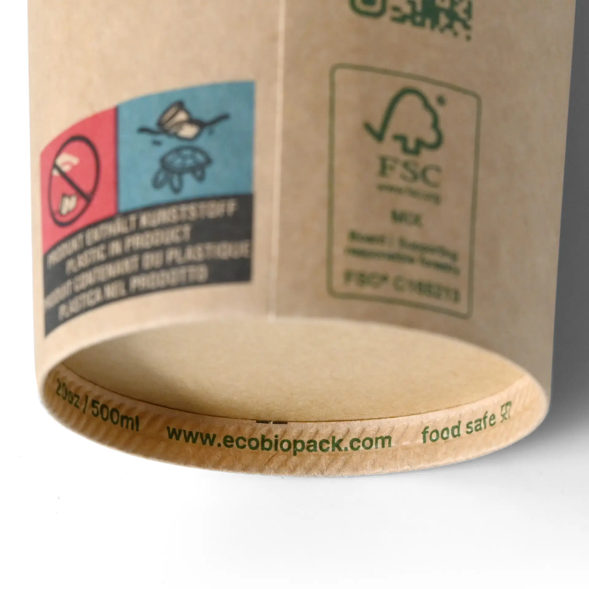 Single-wall brown paper cup with PLA coating for hot and cold drinks, featuring sustainability symbols and website detail.