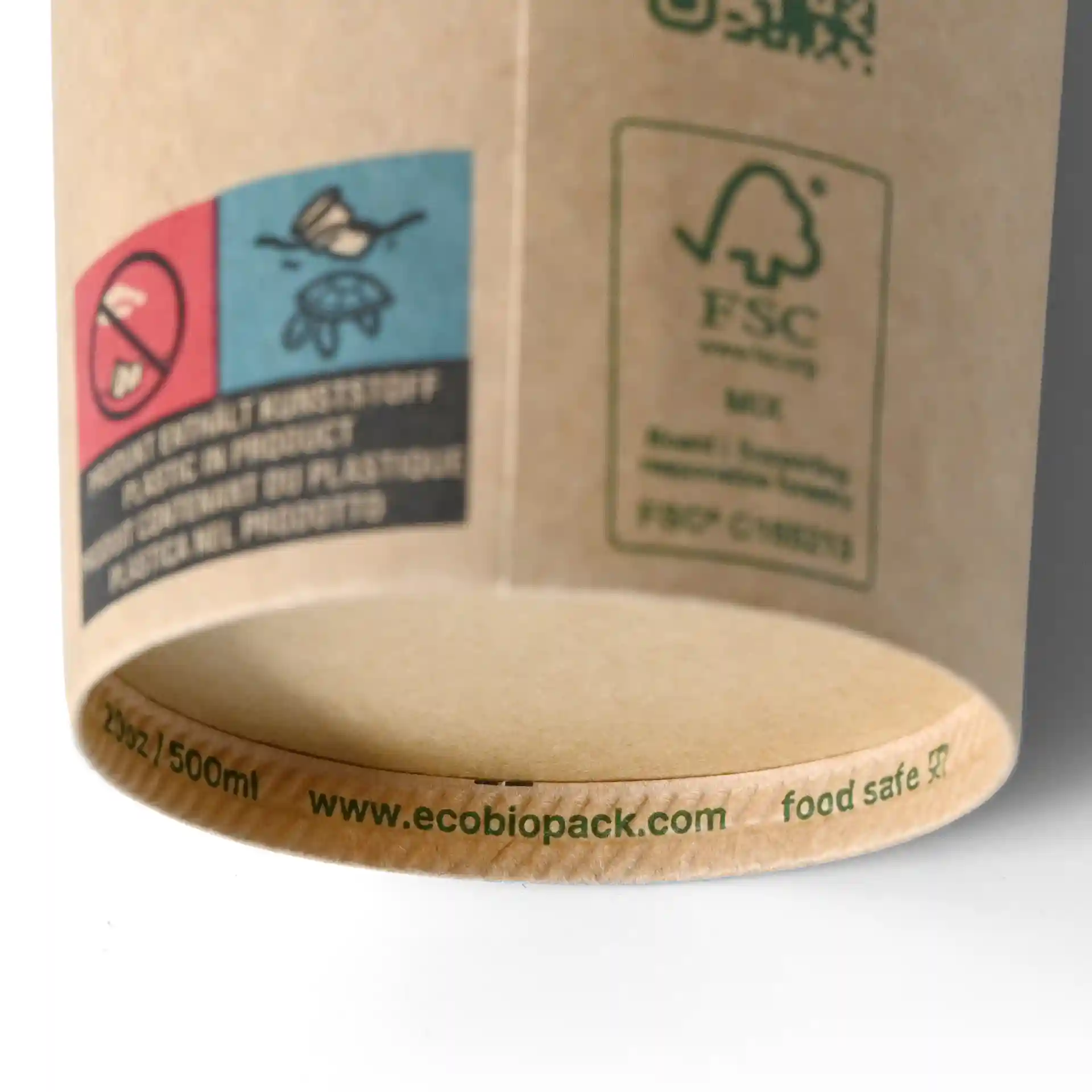 Brown paper cup with a diameter of 90 mm and a height of 150 mm, featuring printed symbols and a website link.