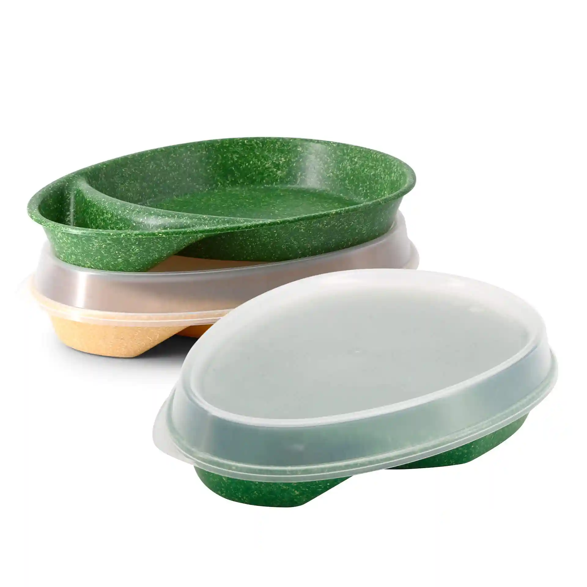Three reusable divided plates in dark green, featuring two compartments and a teardrop shape, stacked together.