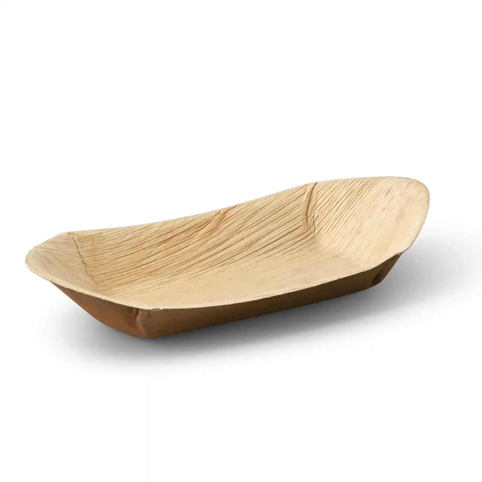 Deep palm leaf boat with a grain texture, measuring 31.2 cm in length and 14.5 cm in width.