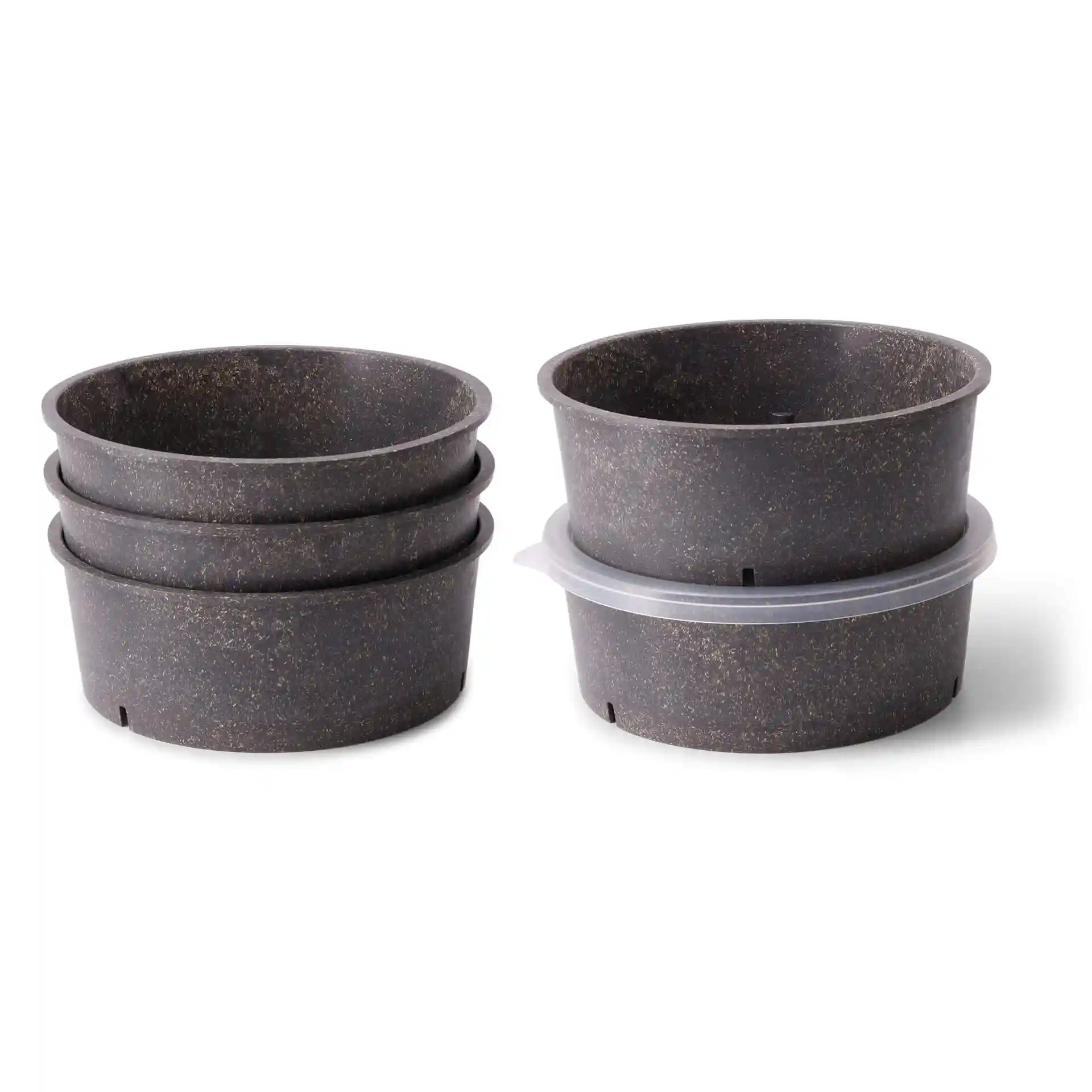 Set of four reusable grey bowls made from bio compound, with one bowl stacked and a lid included.