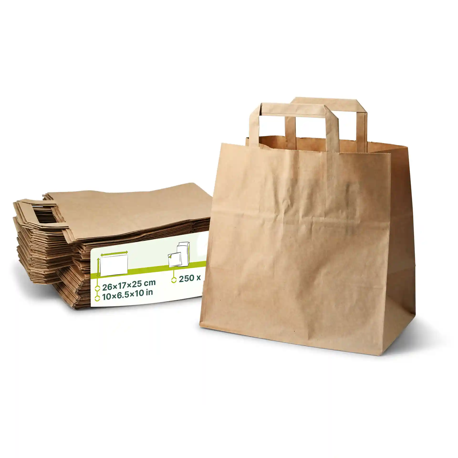 Brown paper carrier bag with handles, dimensions 26 x 17 x 25 cm, alongside a stack of similar bags.