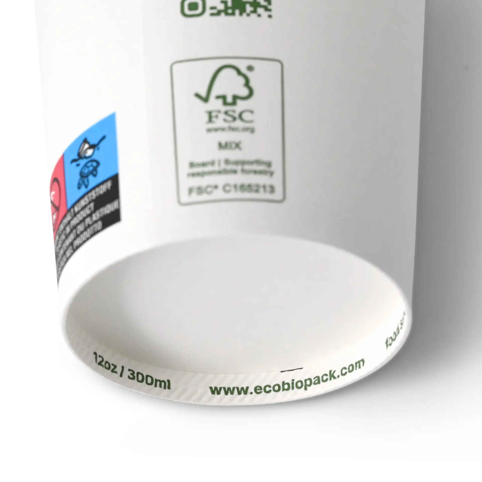 Single-wall white paper cup, 300 ml/12 oz, PLA-coated for biodegradable use. Features sustainability labels and QR code.