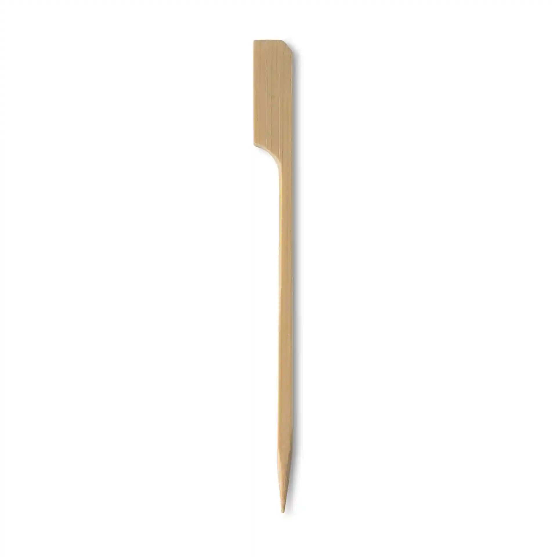 Bamboo paddle skewer, 12 cm long, with a flat top and pointed end, on a white background.