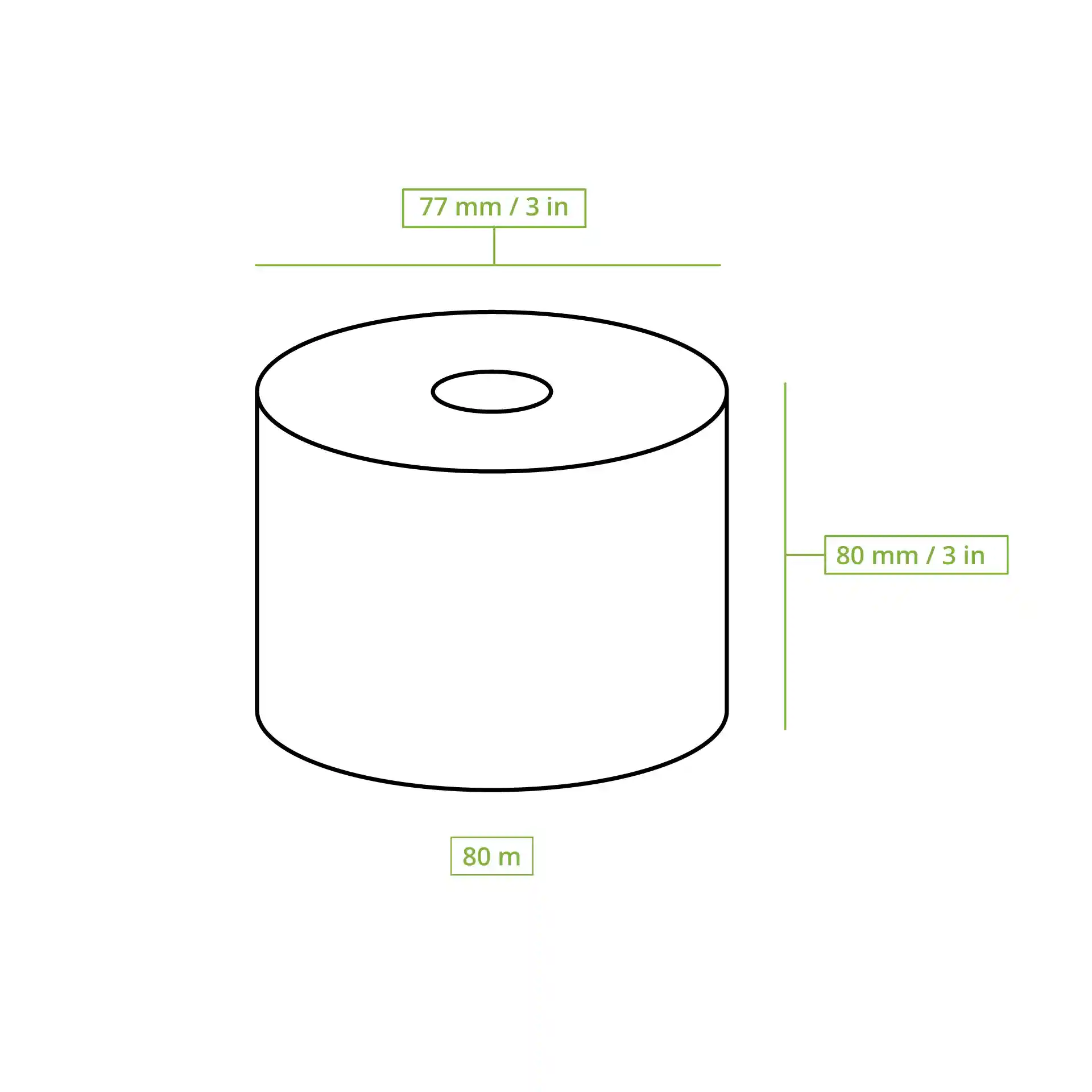 Schematic drawing of a thermal paper roll with dimensions 77 mm diameter, 80 mm height, and 80 m length.