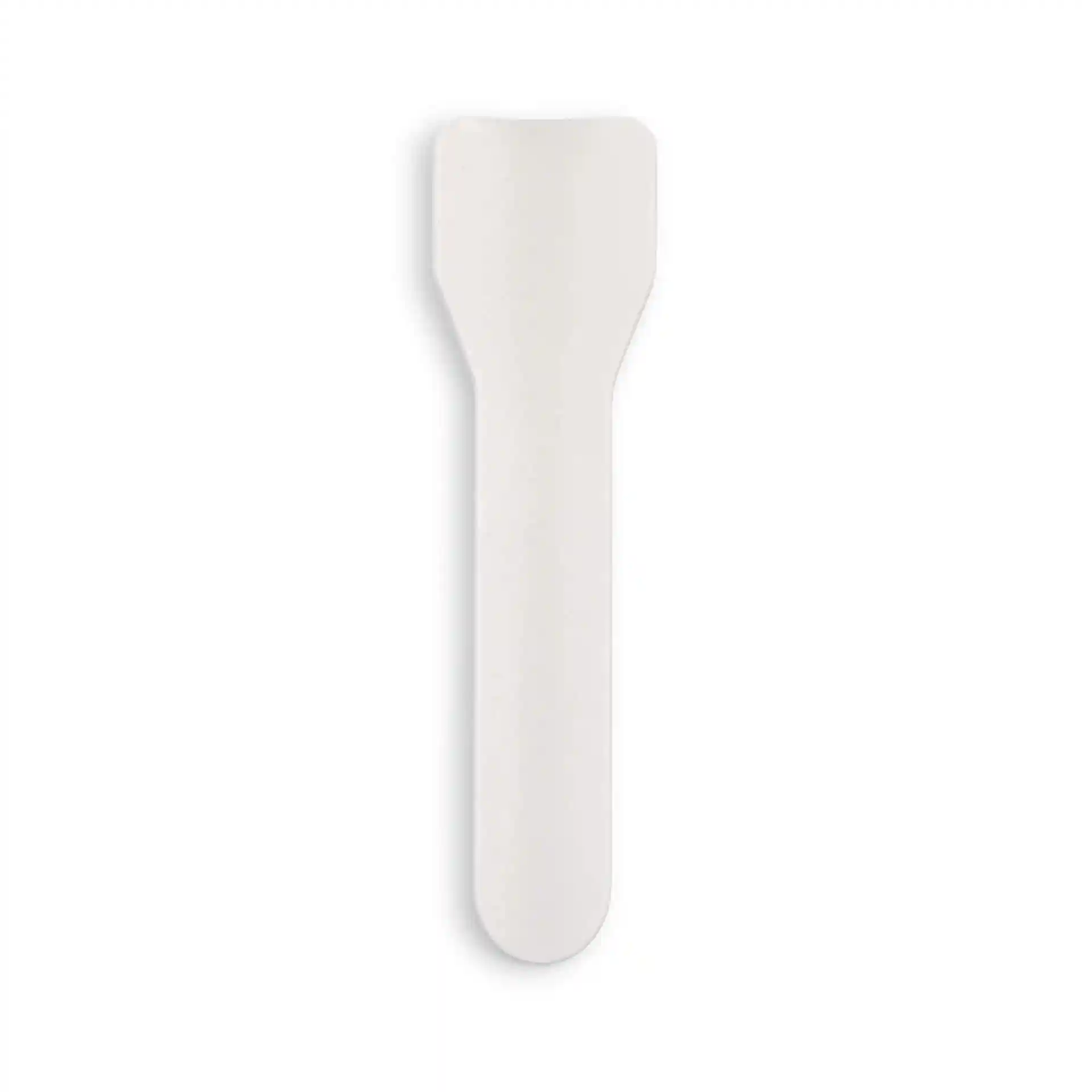White paper ice cream spoon, 9.5 cm long, with a flat end and a tapered handle.