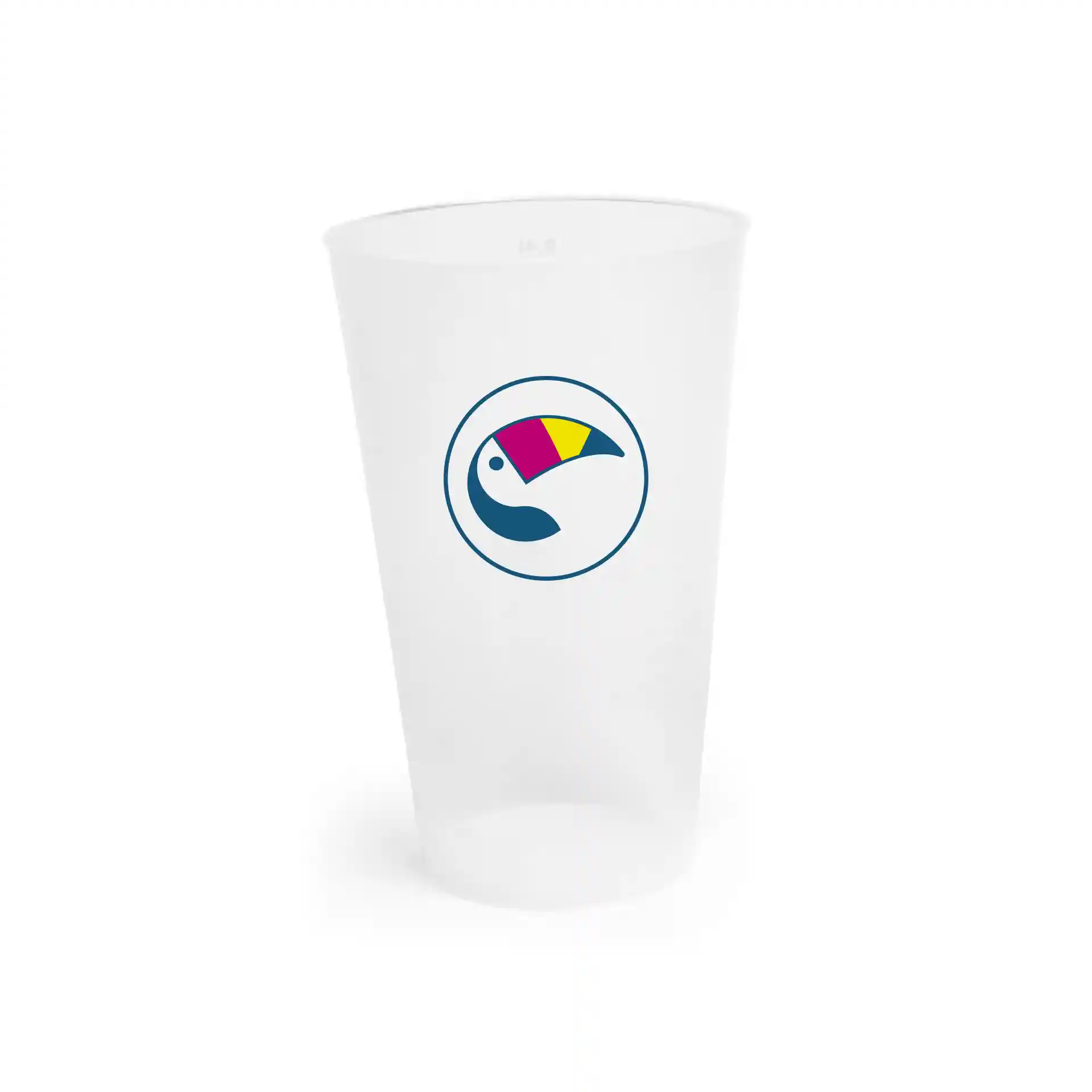 Clear reusable cup with a round shape and a logo featuring a bird design. Capacity of 400 ml.