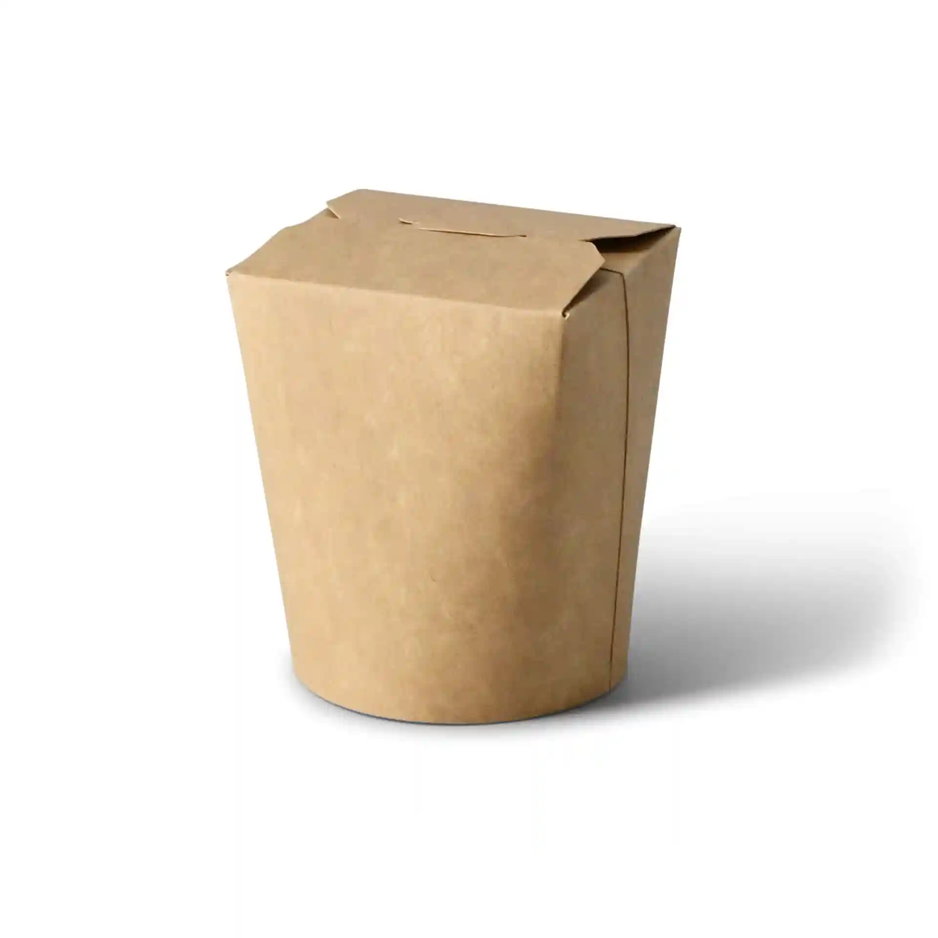 Brown cardboard noodle box with a round shape, featuring a flap closure, holding 400 ml volume.