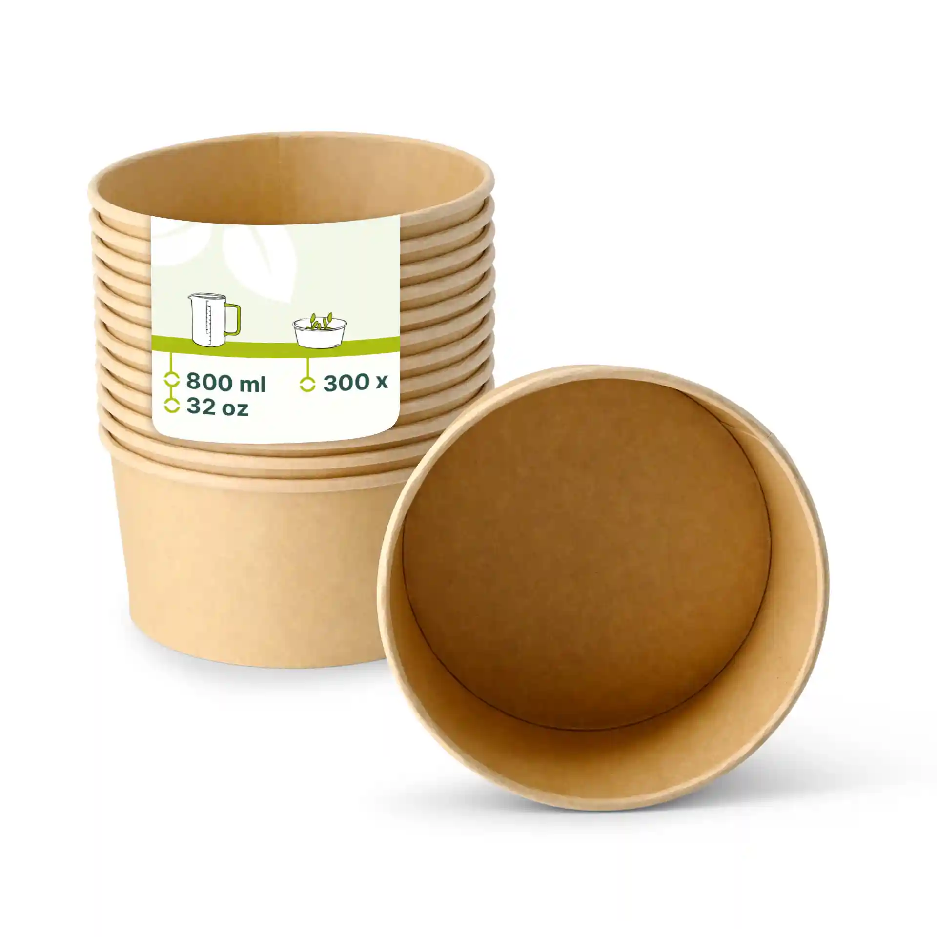 Brown cardboard bowls stacked, one turned to show interior, with a label indicating capacity and quantity.