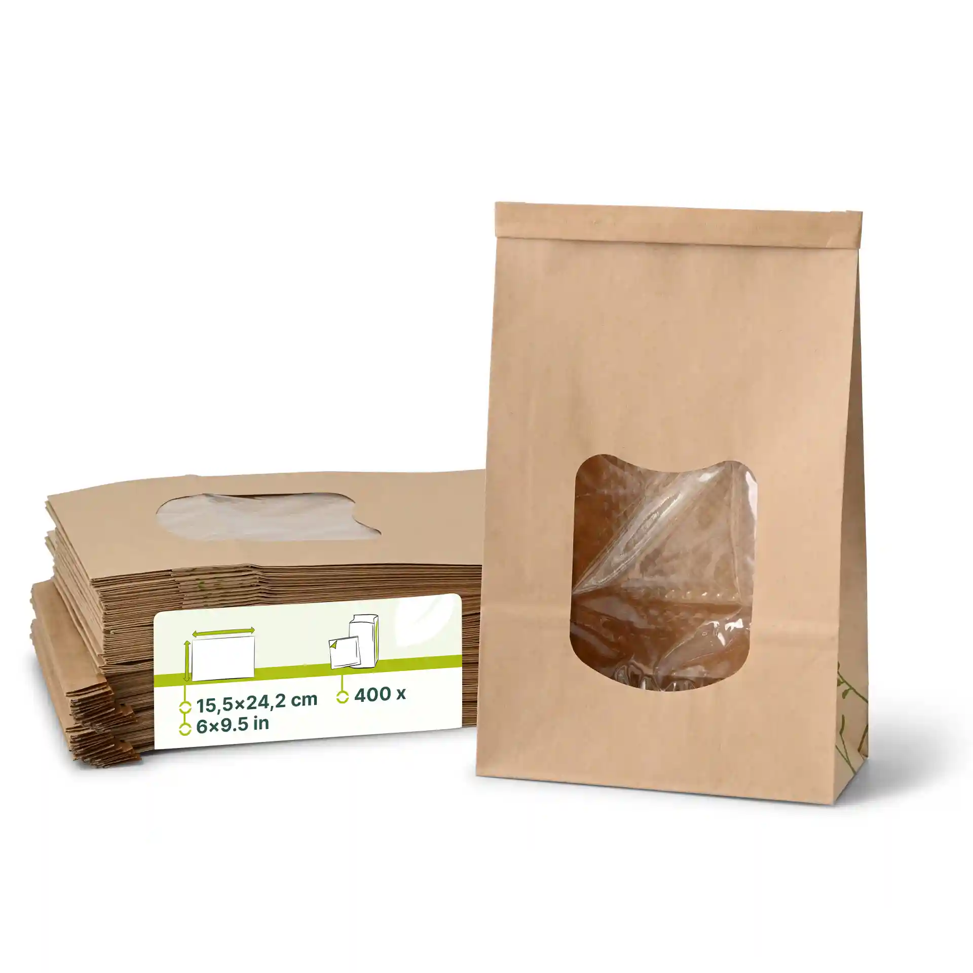 Brown block bottom bag with a window, made of kraft paper, dimensions 15.5 x 24.2 cm, with several bags stacked behind.