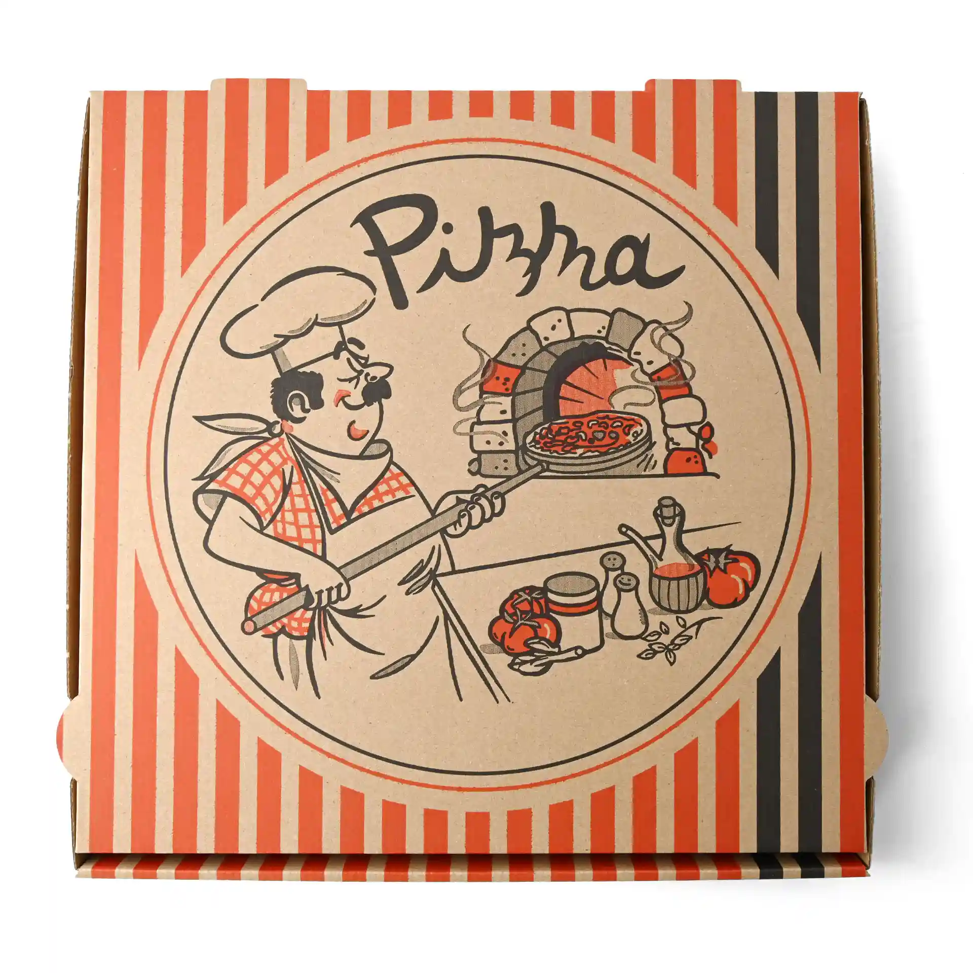 Pizza box with a pizza chef design, brown color, dimensions 32 x 32 x 4 cm.
