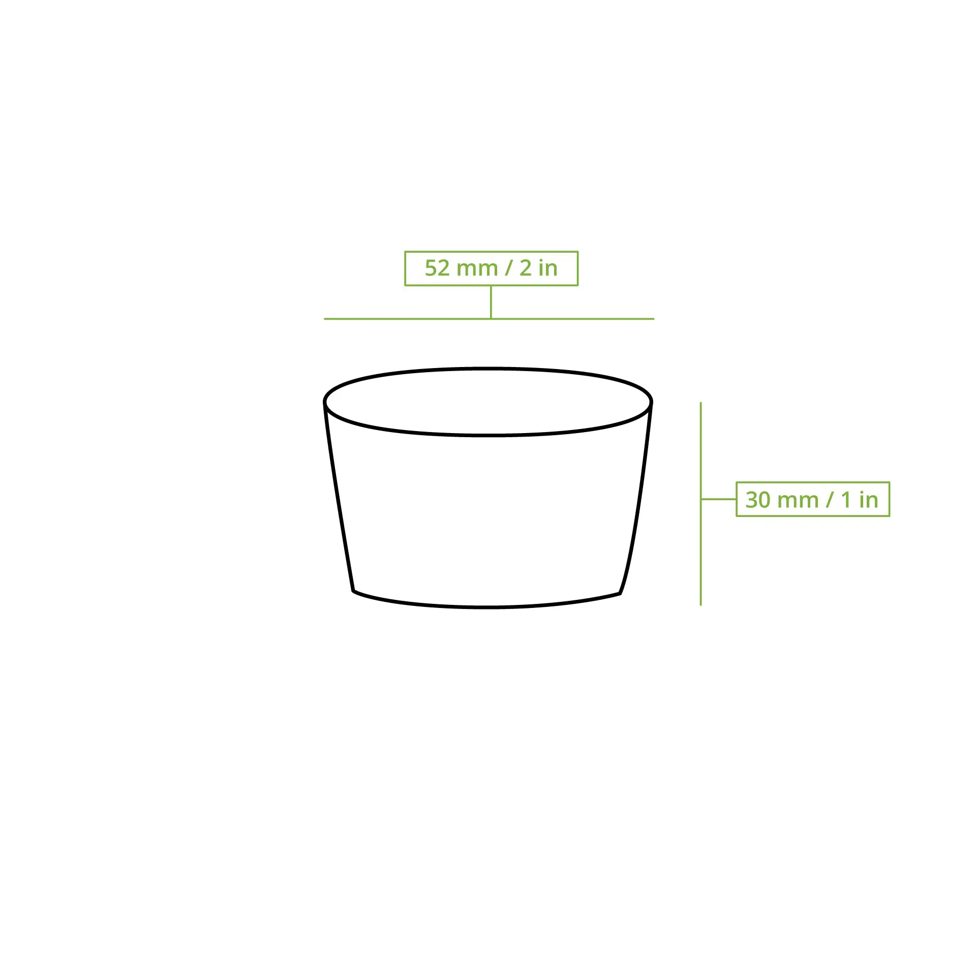 Schematic drawing of a tapered paper cup with dimension lines; height 30 mm and diameter 52 mm.