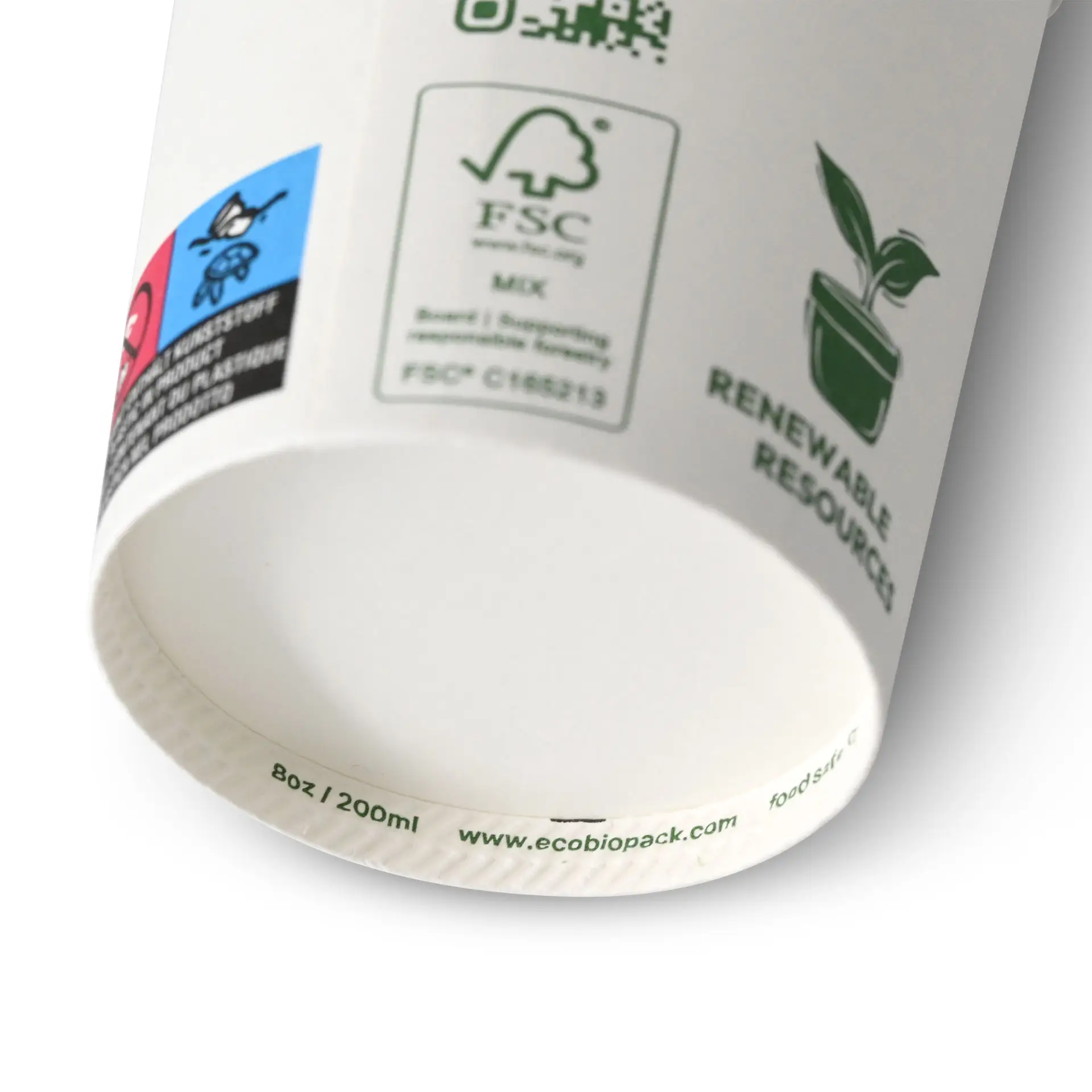 Paper cup 200 ml / 8 oz, Ø 80 mm, single wall, white, PLA-coated