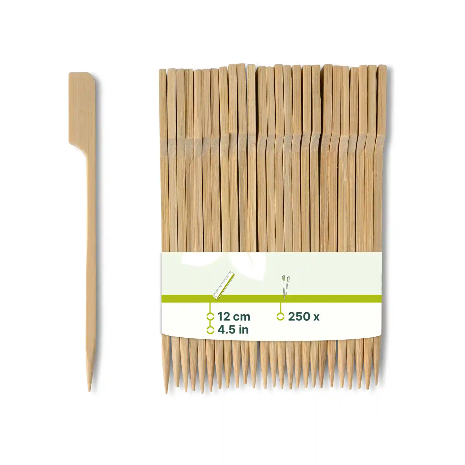 Bamboo paddle skewers, 12 cm long, brown color, with a label showing product details and several skewers in a bundle.
