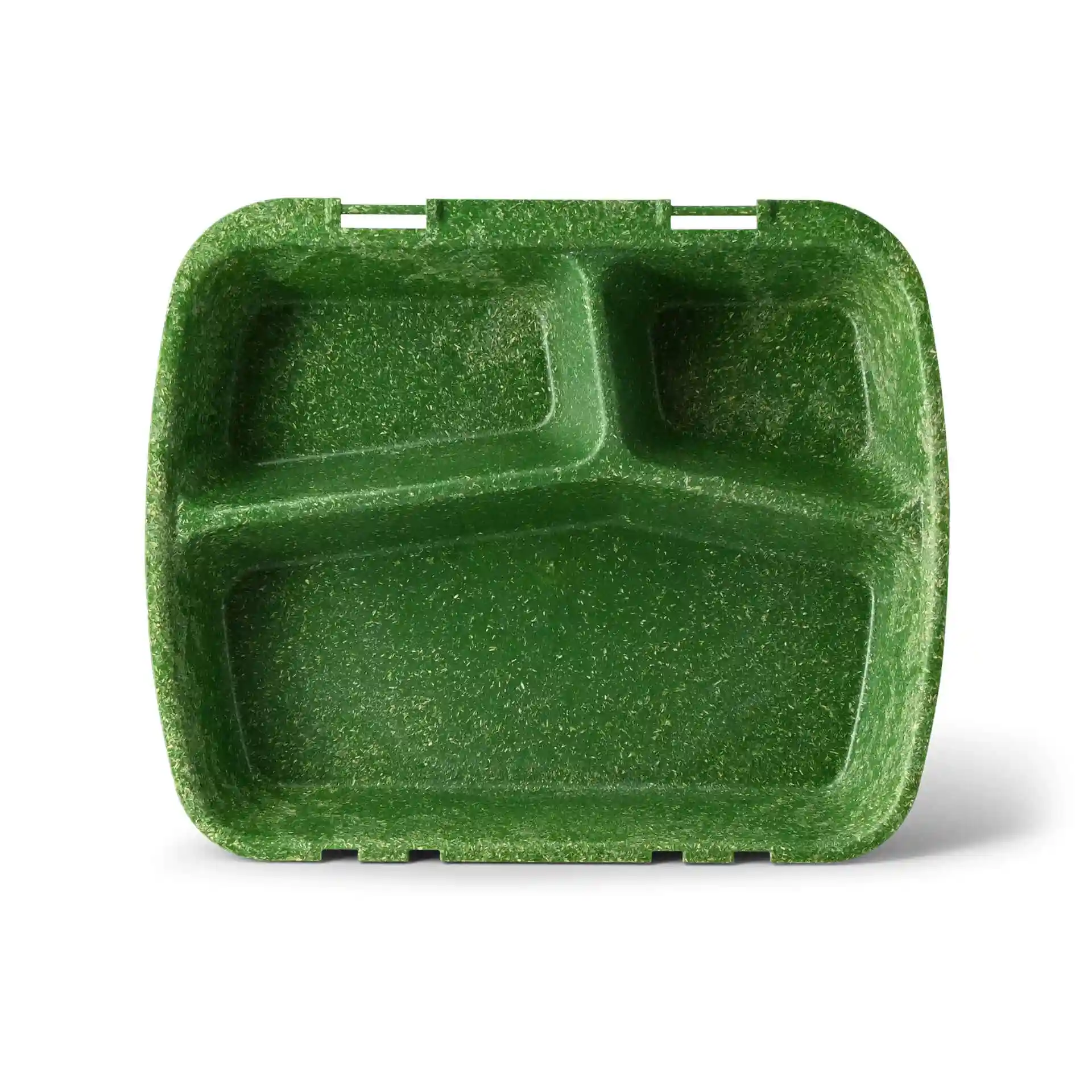 Reusable meal container with three compartments in spinach green, measuring 24.5 x 20 x 4.5 cm.