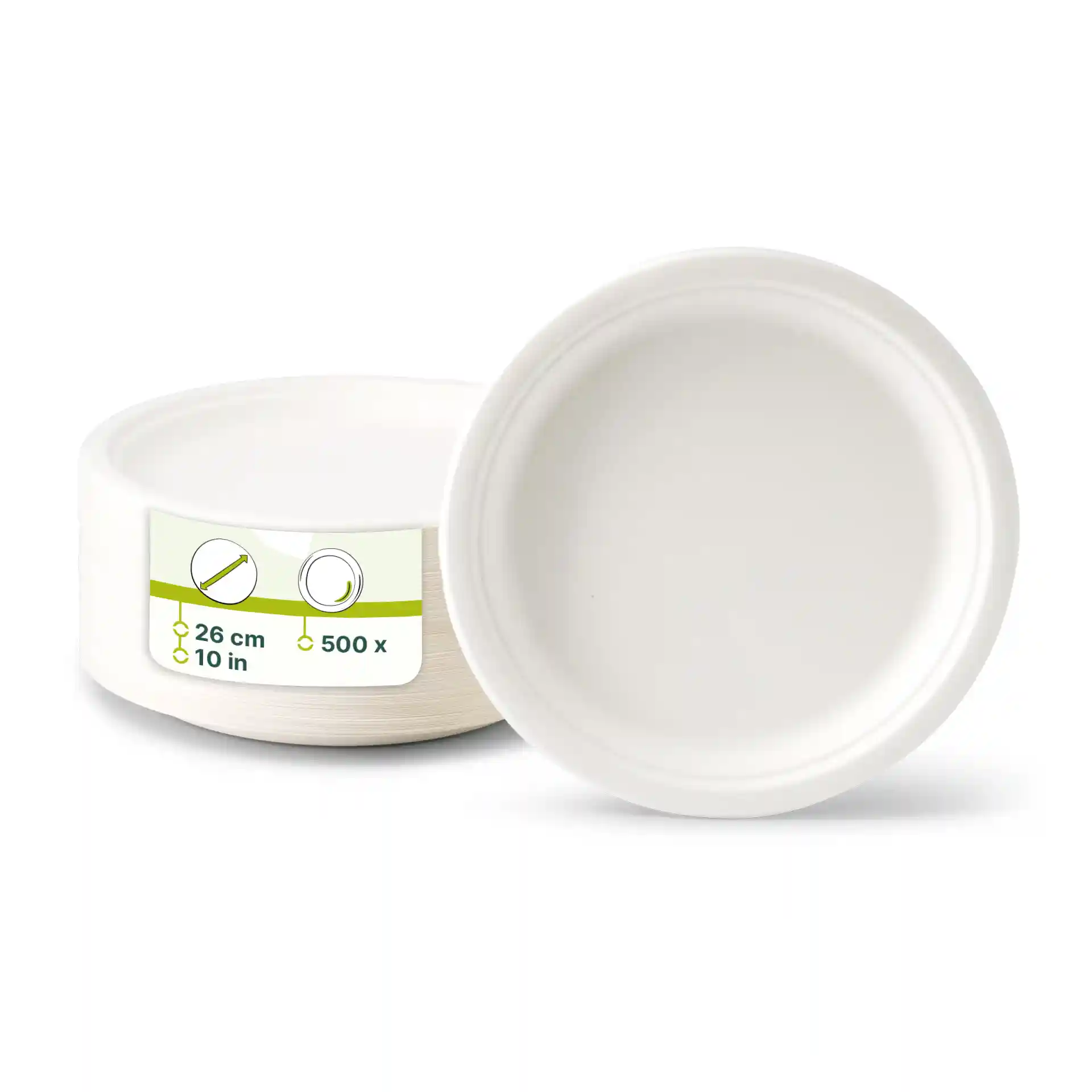 Round white sugarcane plate with a diameter of 26 cm, shown from the top and side, with a label visible.