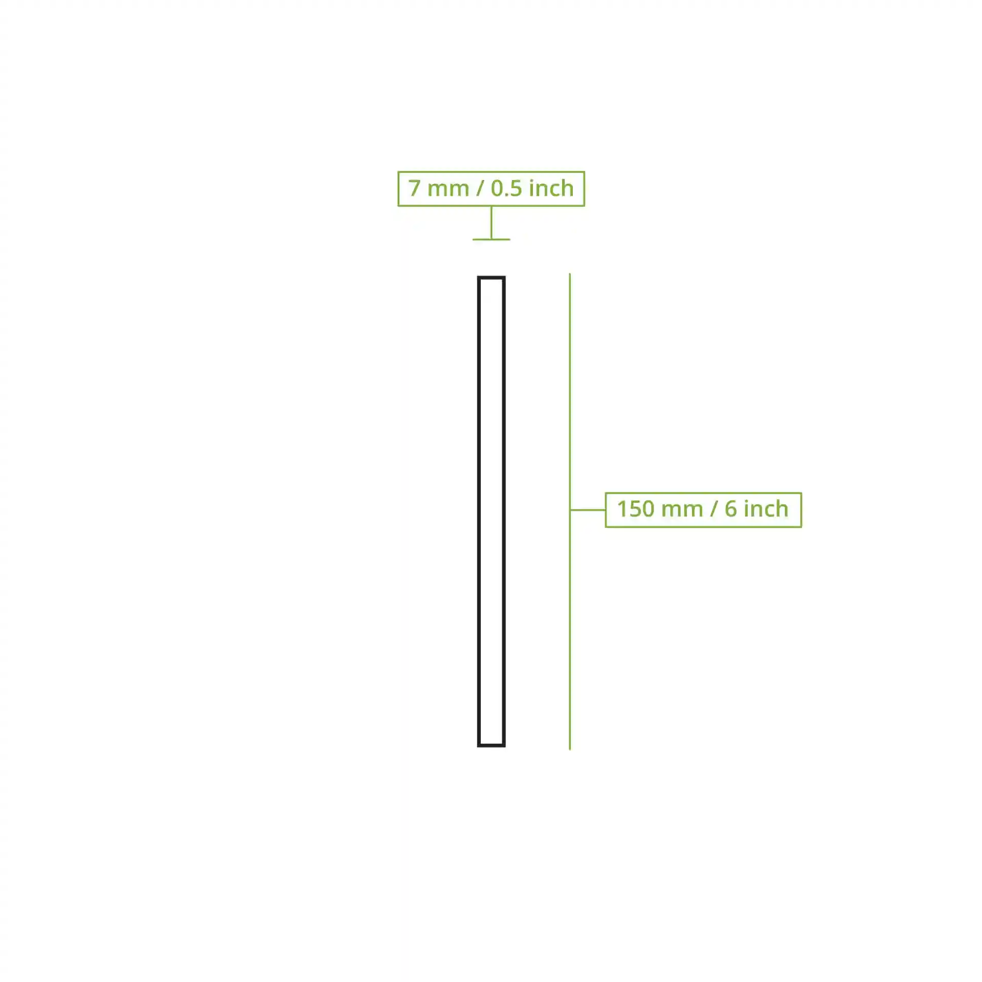 Schematic drawing of a black paper cocktail straw with dimensions of 150 mm length and 7 mm diameter.