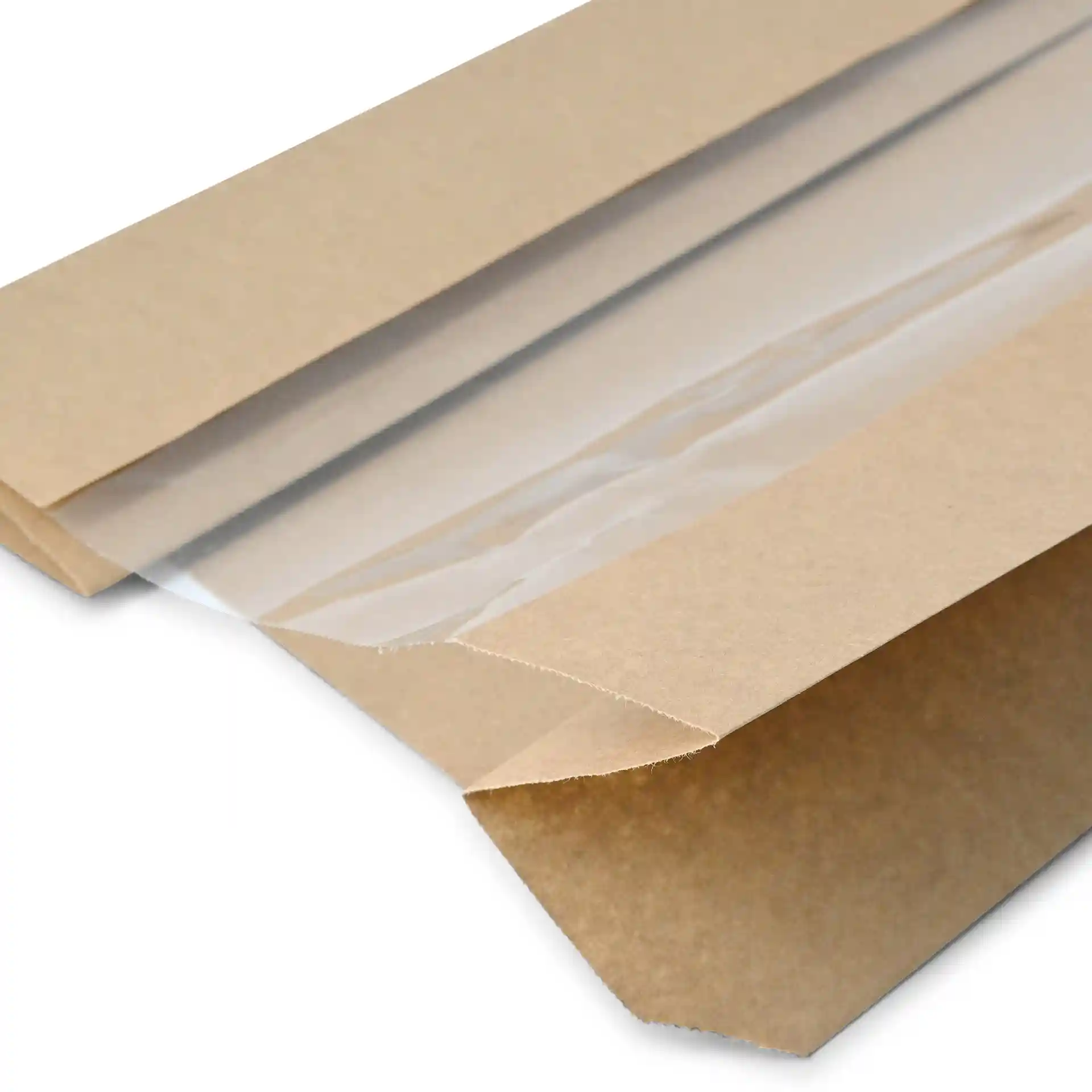 Brown flat paper bread bag with a transparent window, measuring 20 x 11 x 41 cm.