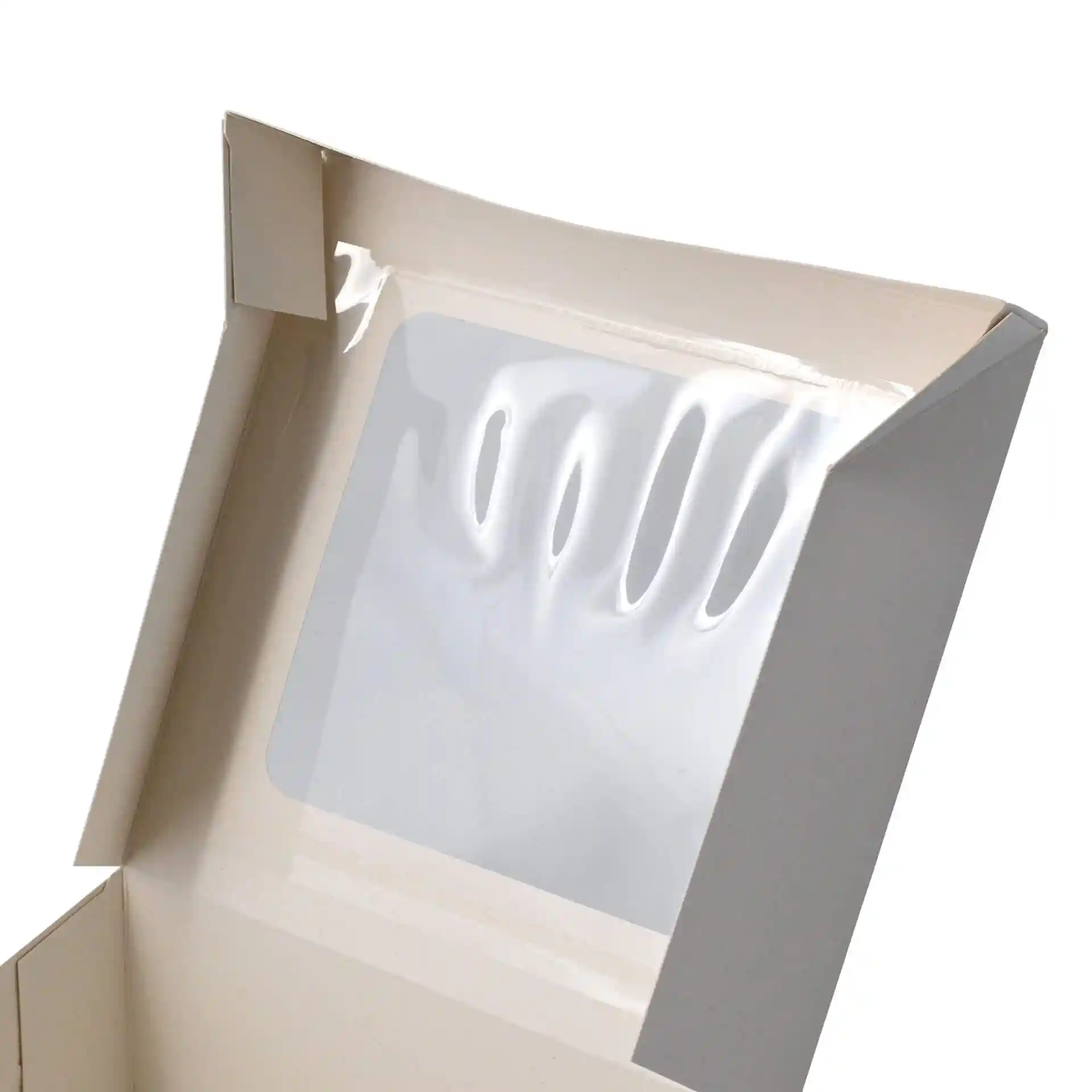 White cardboard pastry box with a cellulose window, square shape, dimensions 18 x 18 x 7.5 cm.