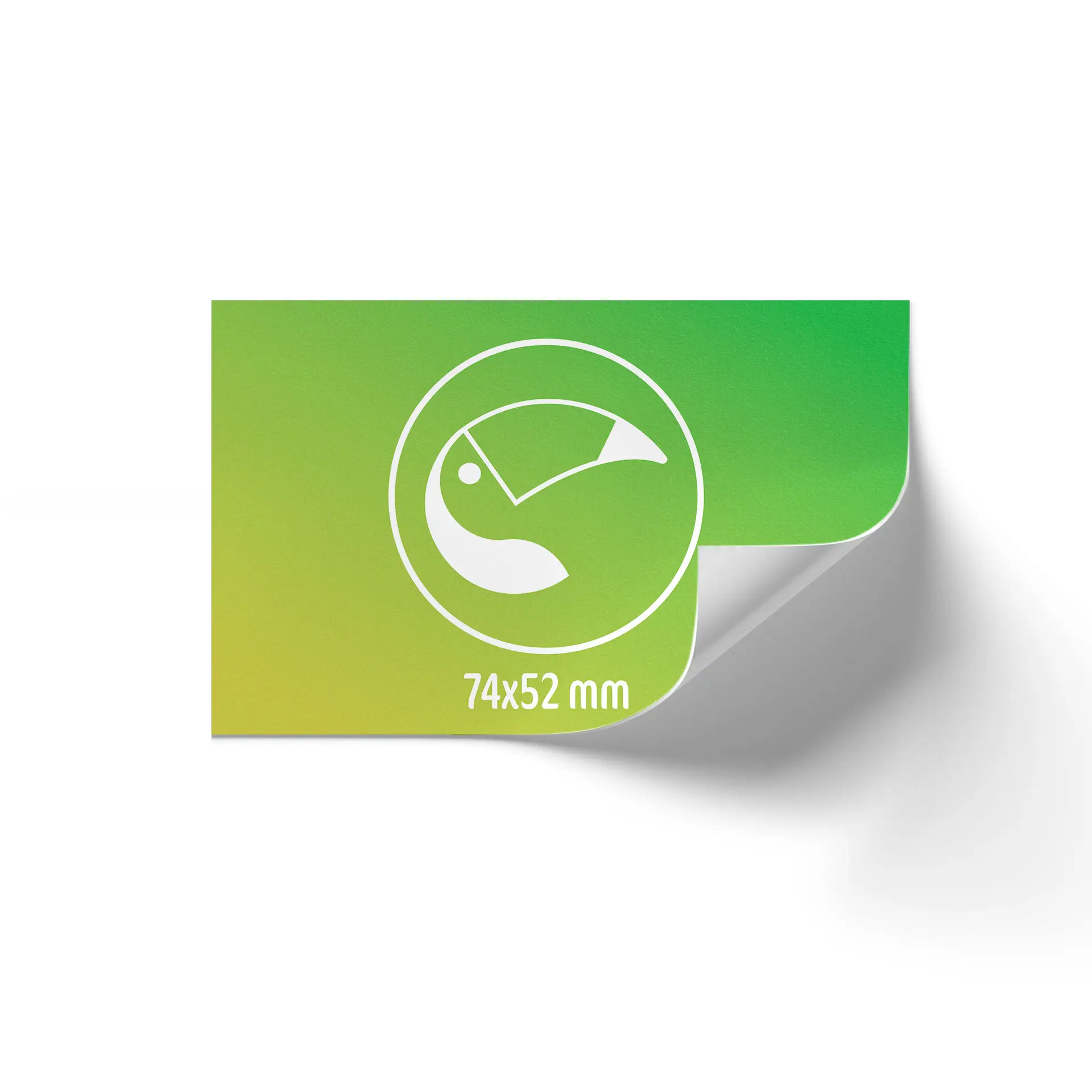 Custom printed label roll in green gradient with rounded corner, showing dimensions 74x52 mm and graphic design.