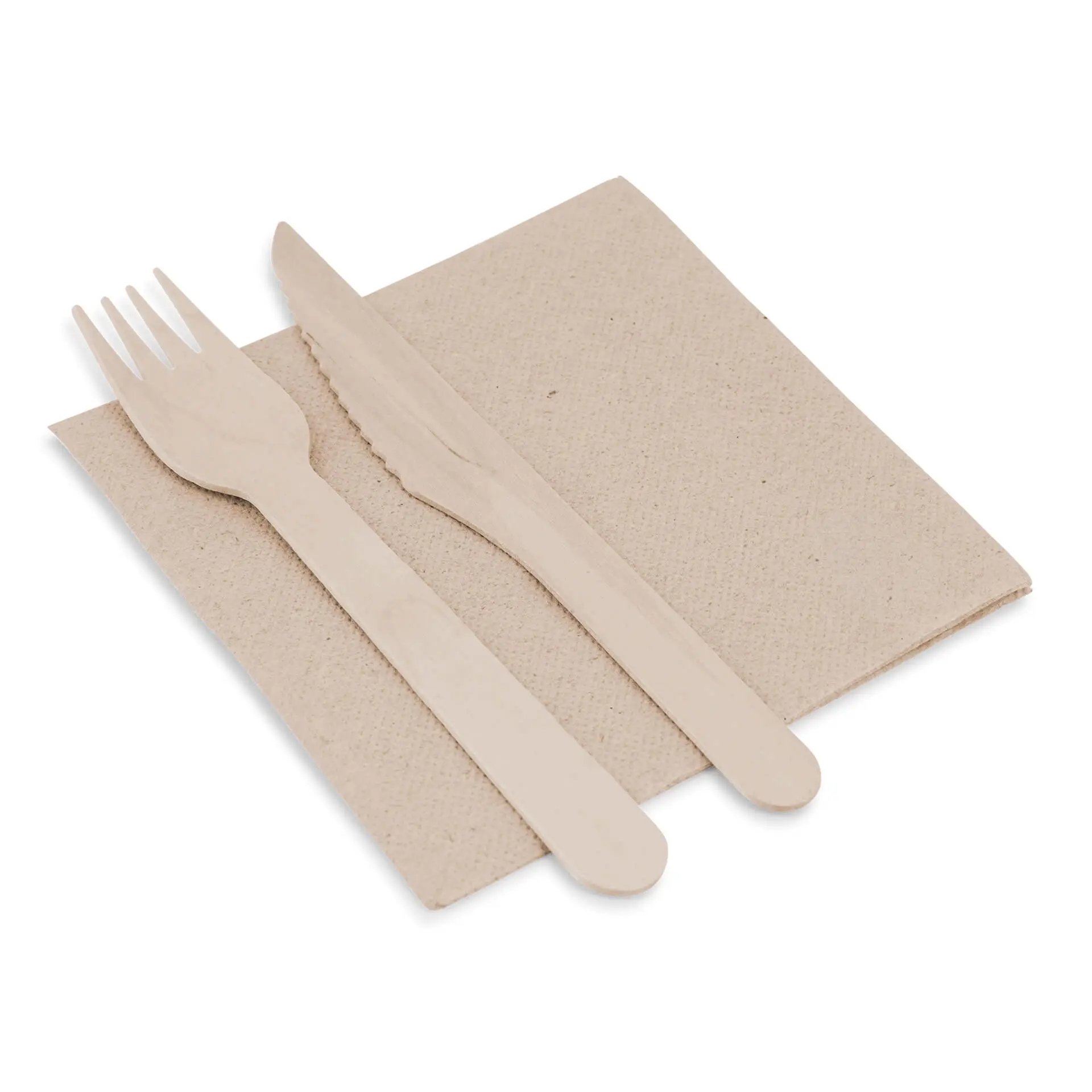 Set of wooden fork and knife on an unbleached paper napkin, square shape, 25 x 25 cm, 2-ply.