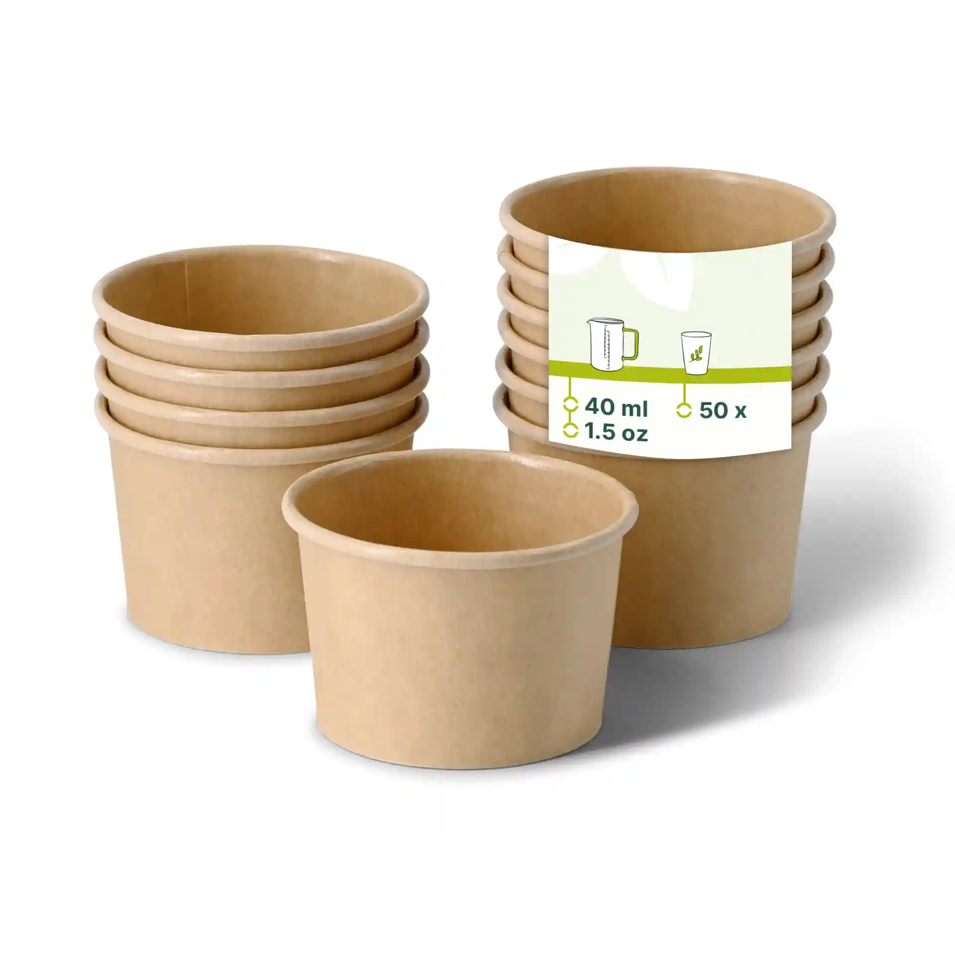 Brown round deli containers stacked, with one container in front and a label showing capacity and quantity.