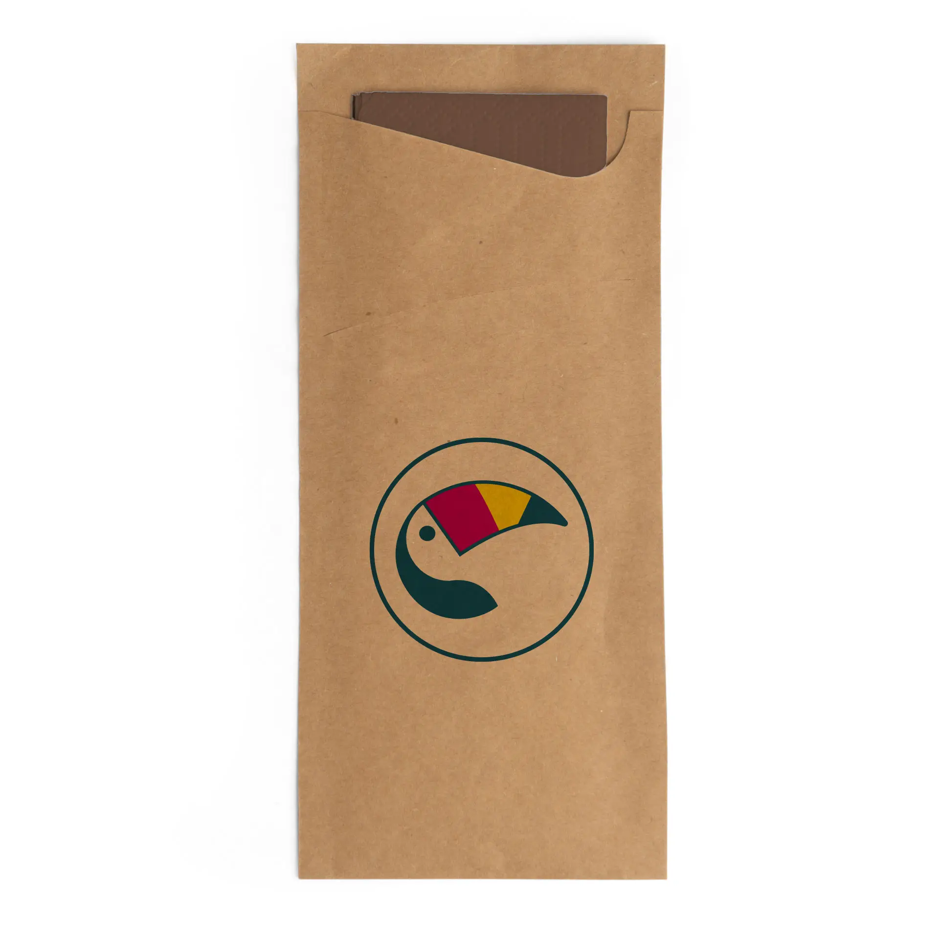 Brown kraft cutlery sleeve with integrated napkin, featuring a colored toucan logo on the front.