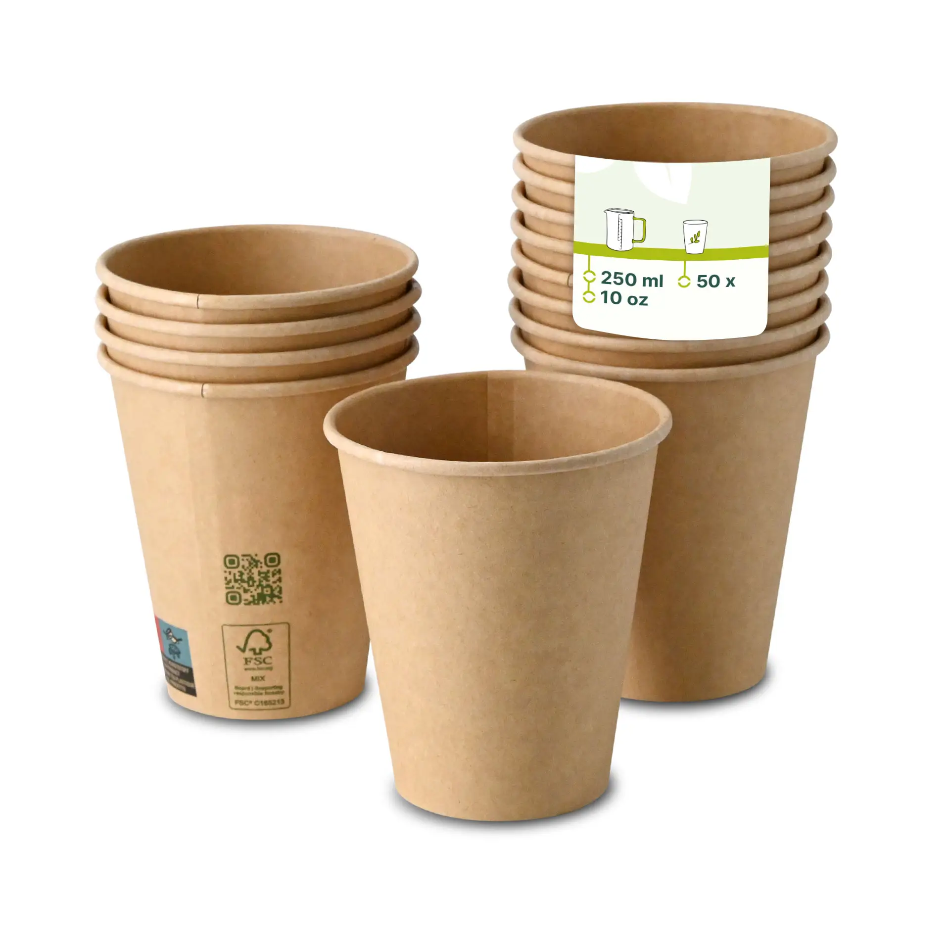 One brown single-wall paper cup, 250 ml capacity, with PLA coating; several similar cups stacked behind.