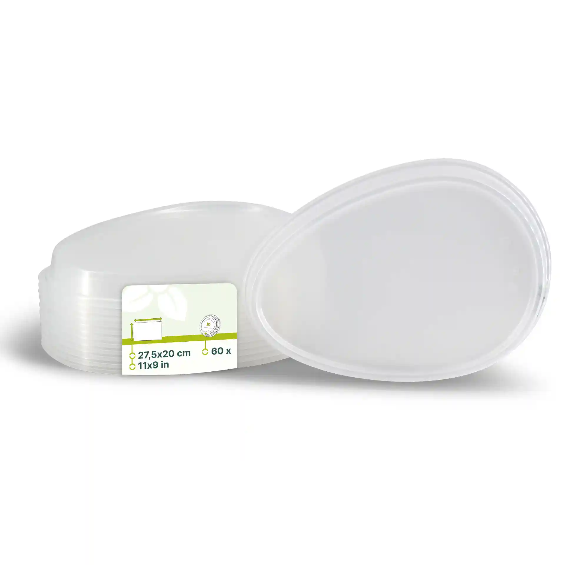 Transparent reusable lids in a stack, with a label showing dimensions and quantity.